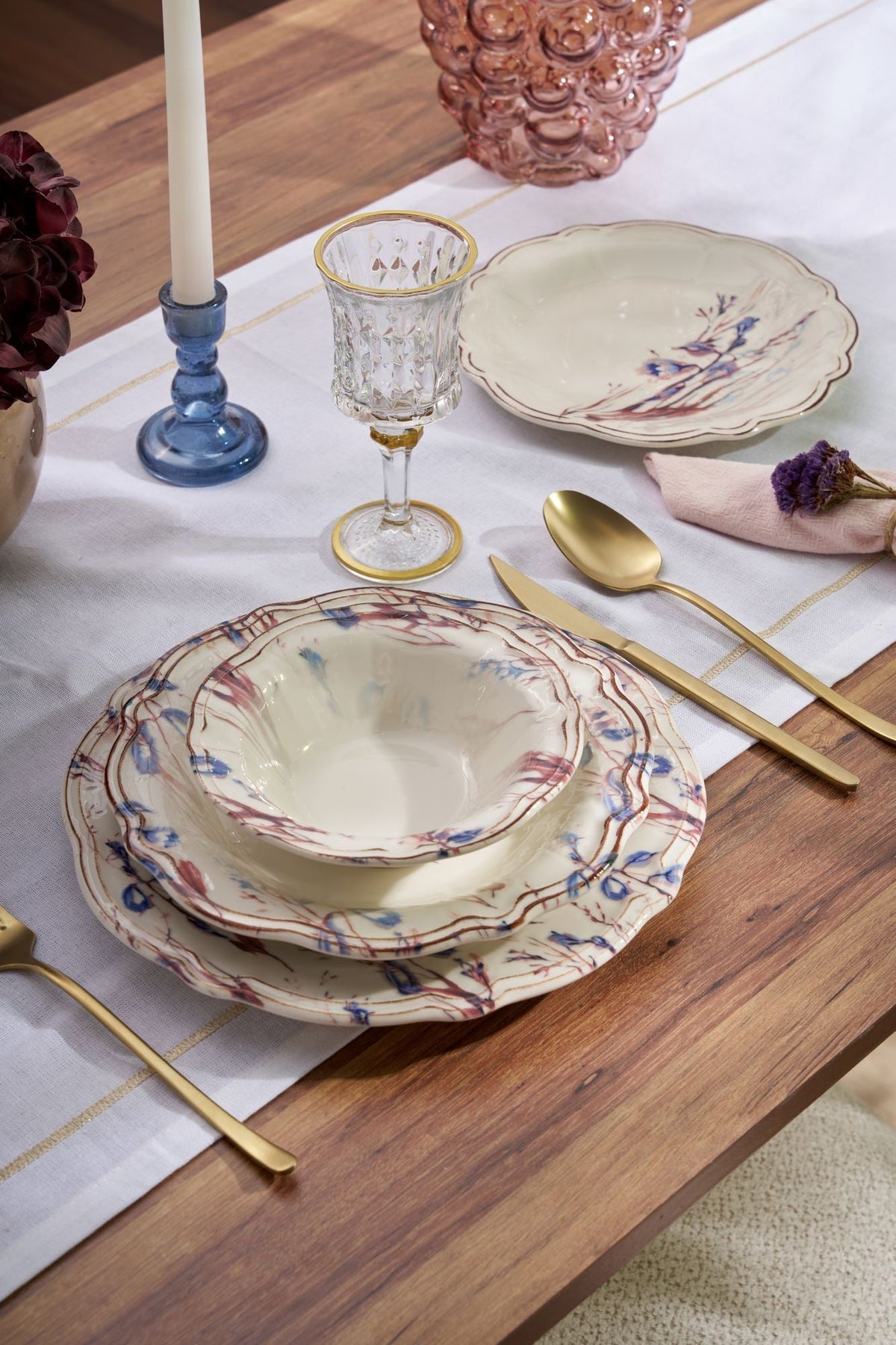 Set veselă (24 piese), Blue Rustica, Bleumarin / Bordo