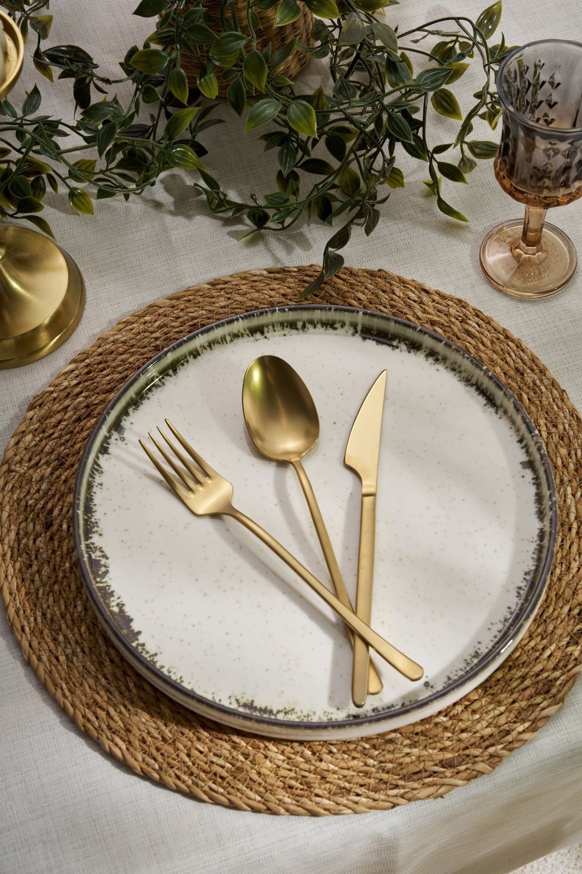 Set veselă (24 piese), Roundy - Brown, Alb / Maro