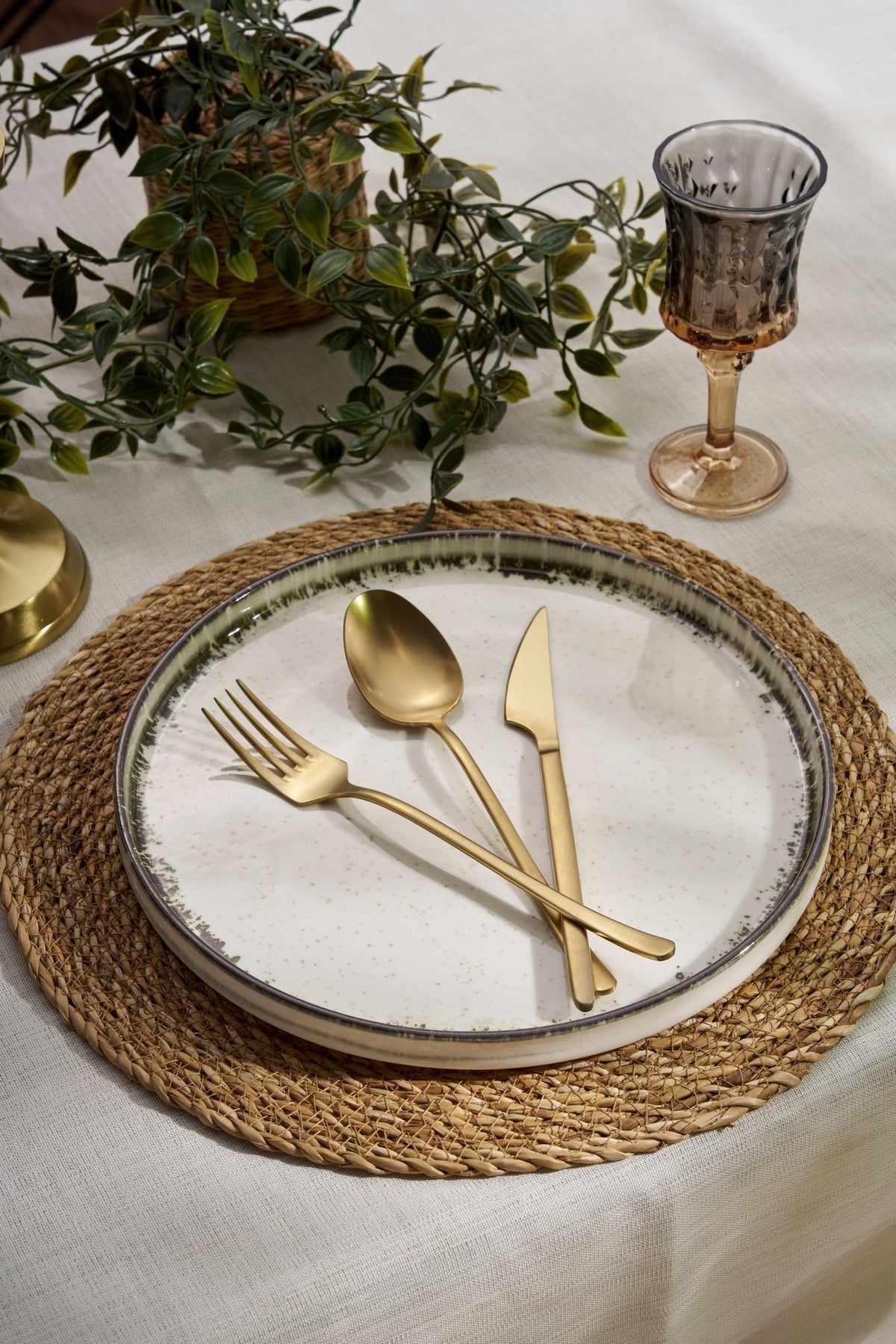 Set veselă (24 piese), Roundy - Brown, Alb / Maro