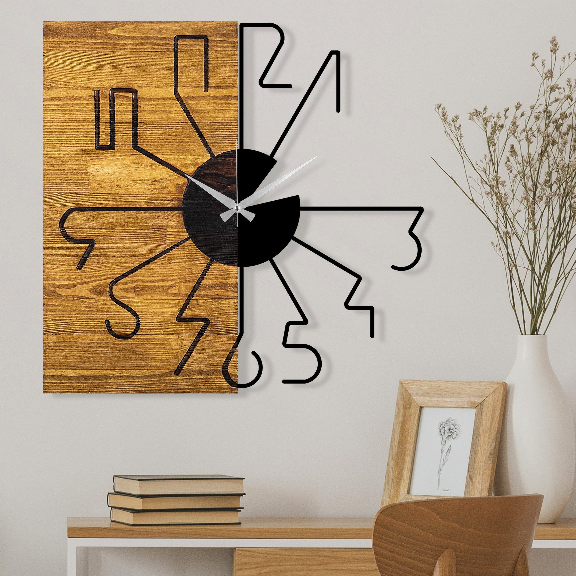 Ceas decorativ din lemn de perete, Wooden Clock 29, Nuc / Negru