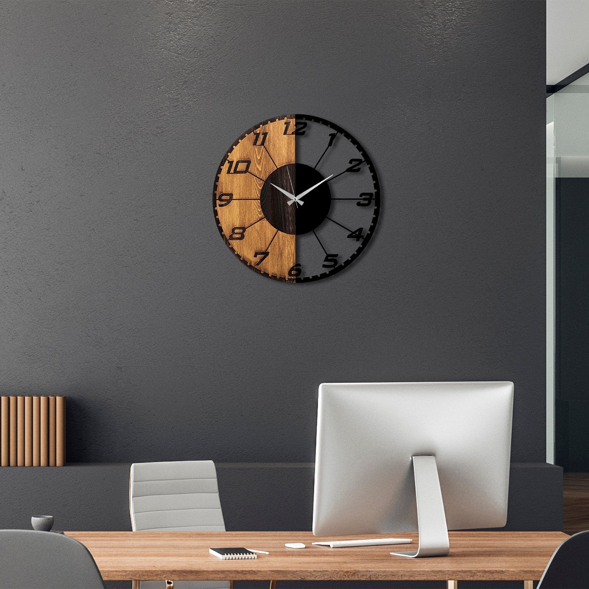 Ceas decorativ din lemn de perete, Linear, Nuc / Negru