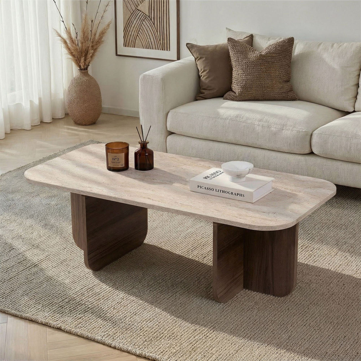 Măsuță de cafea, Akira - Travertine, Venezia Walnut, Travertin / Nuc Veneția