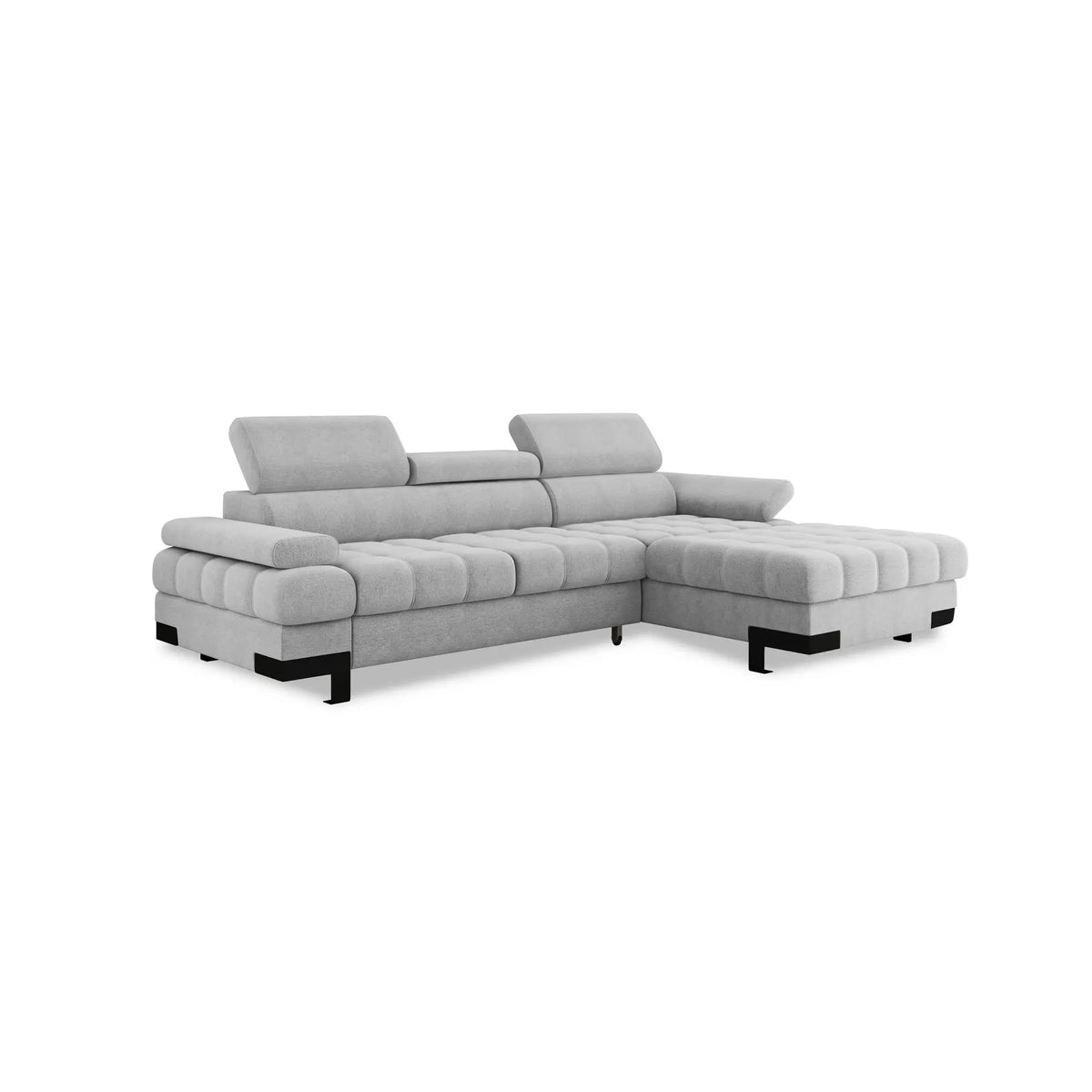 Coltar extensibil SELVA MINI, sezlong dreapta, stofa catifelata gri - Cloud 97, Gama Premium, cu lada depozitare si tetiere reglabile, 270x173x95 cm