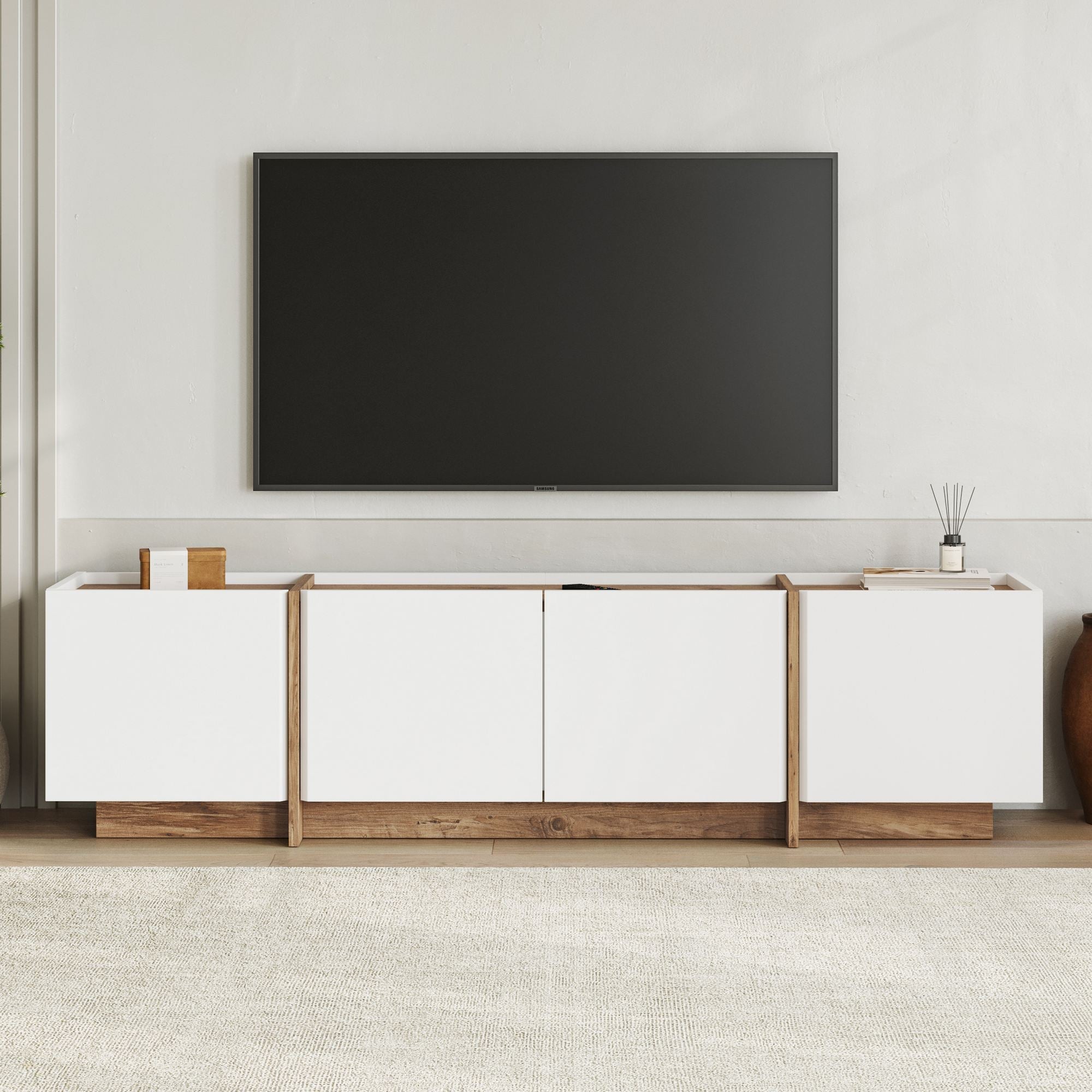 Comodă TV, Lowen - White, Atlantic Pine, Alb / Pin Atlantic