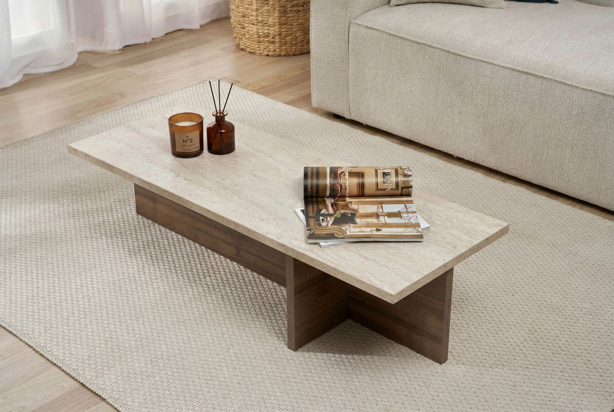 Măsuță de cafea, Harbor - Travertine, Milano Walnut, Travertin / Nuc Milano