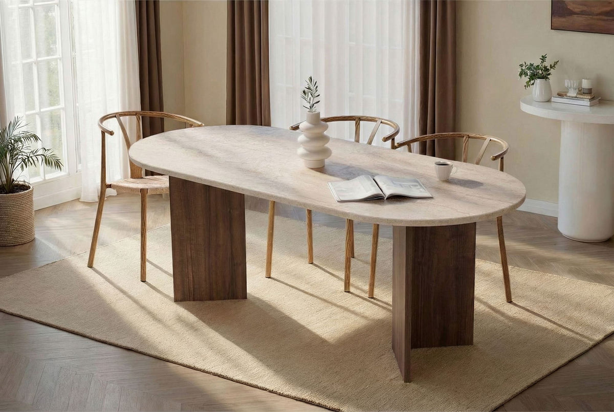 Masă dining, Sabella - Travertine, Venezia Walnut, Travertin / Nuc Veneția