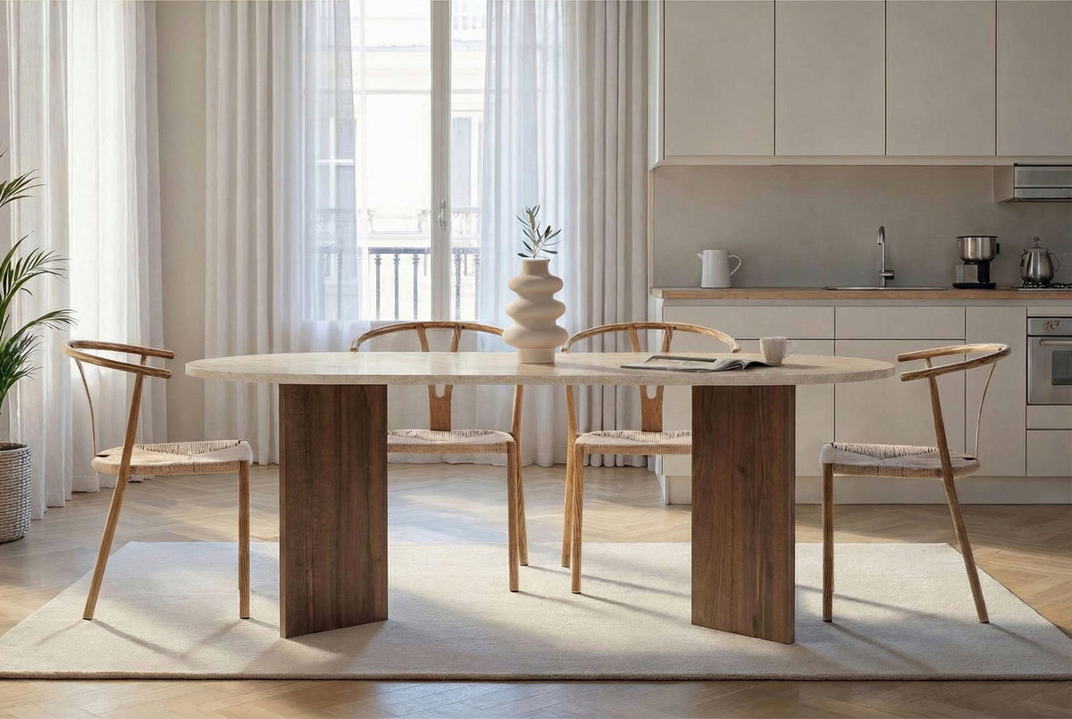 Masă dining, Sabella - Travertine, Venezia Walnut, Travertin / Nuc Veneția