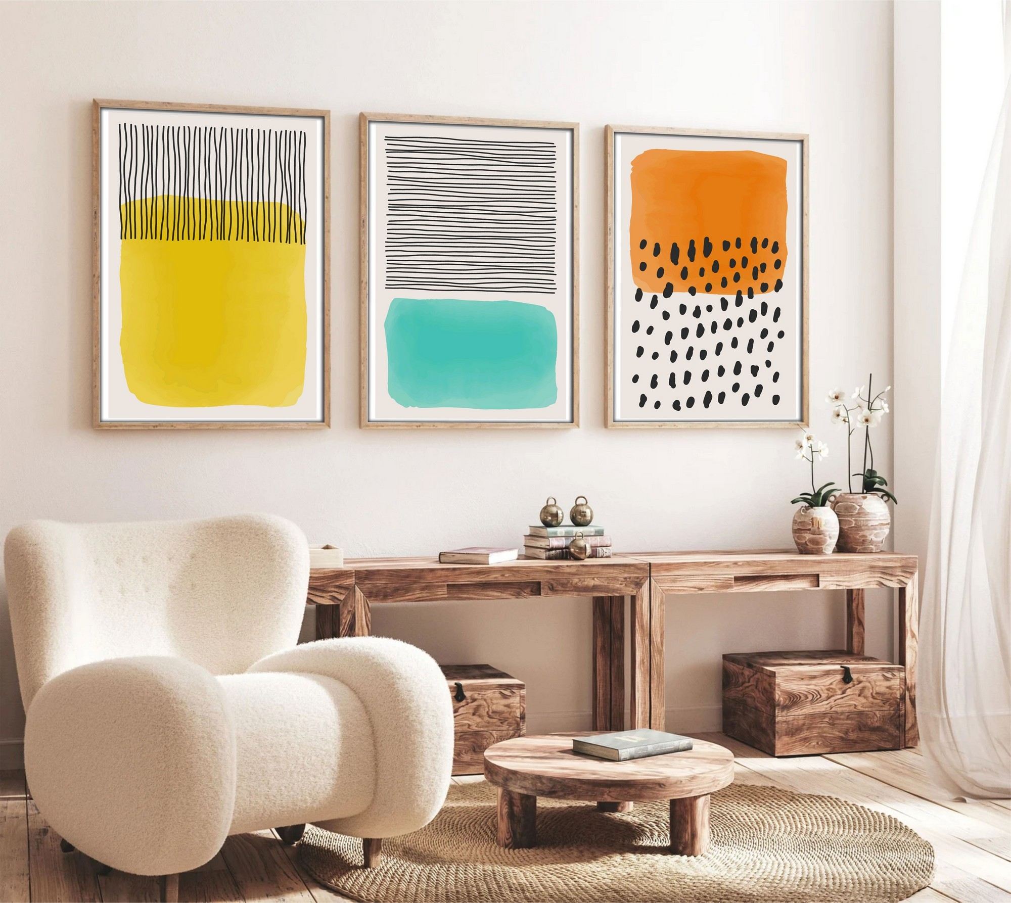 Tablou decorativ MDF cu ramă (3 piese), Huhu136 - 70 x 50, Multicolor