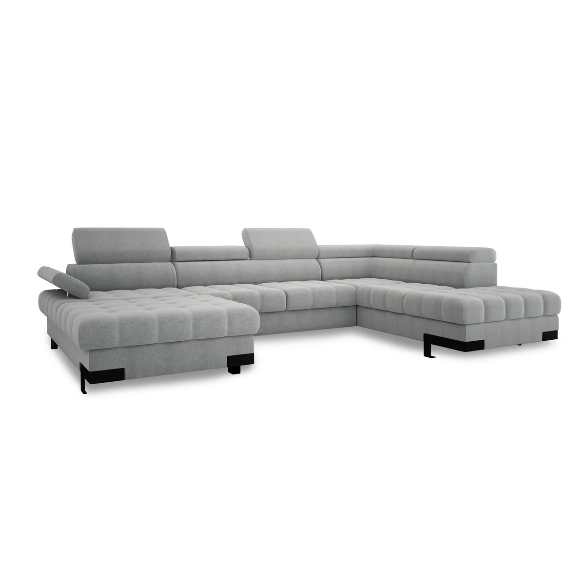 Coltar extensibil SELVA XL, sezlong dreapta, stofa catifelata gri - Crown 18, Gama Premium, cu lada depozitare si tetiere reglabile, 339x223x95 cm