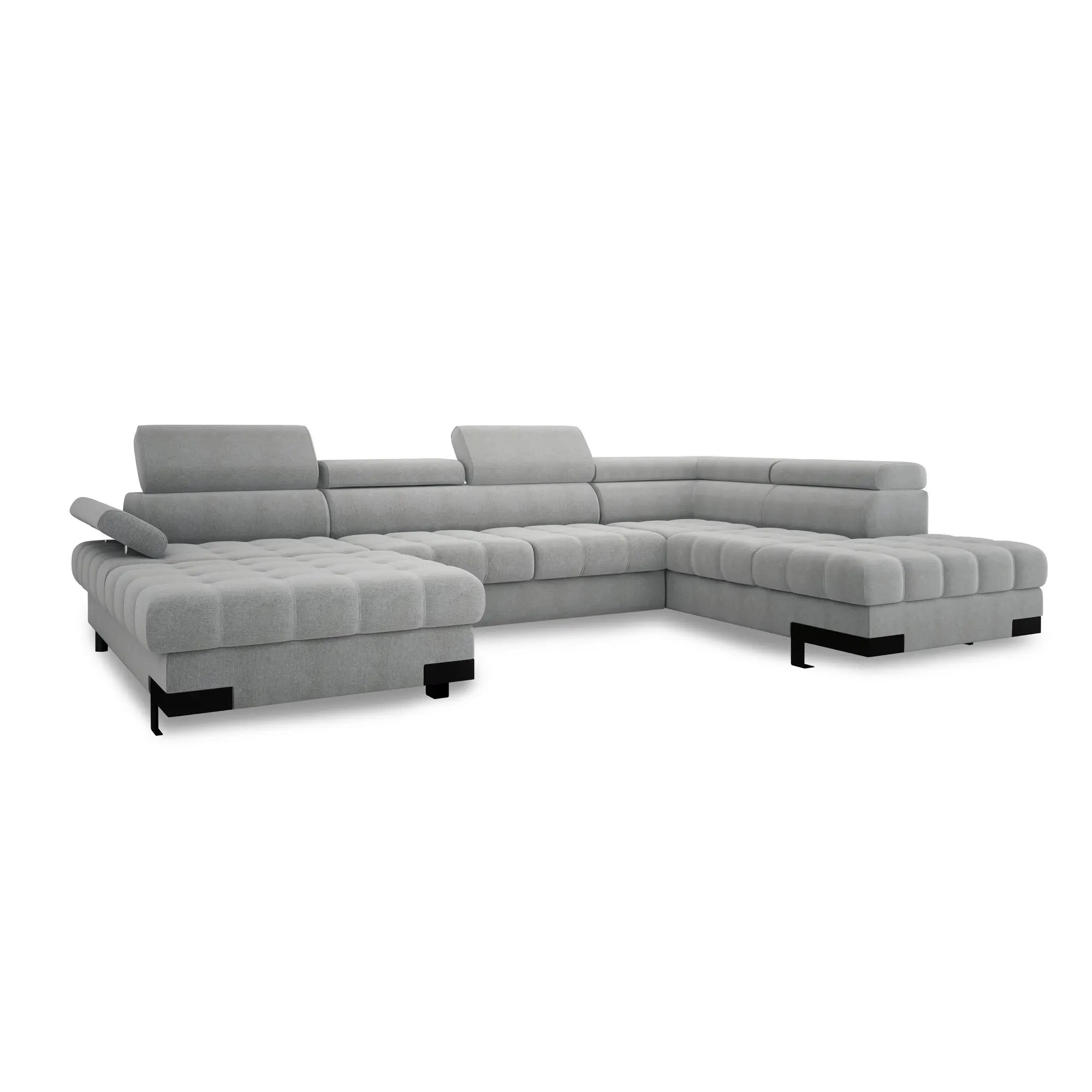 Coltar extensibil SELVA XL, sezlong dreapta, stofa catifelata gri - Crown 18, Gama Premium, cu lada depozitare si tetiere reglabile, 339x223x95 cm