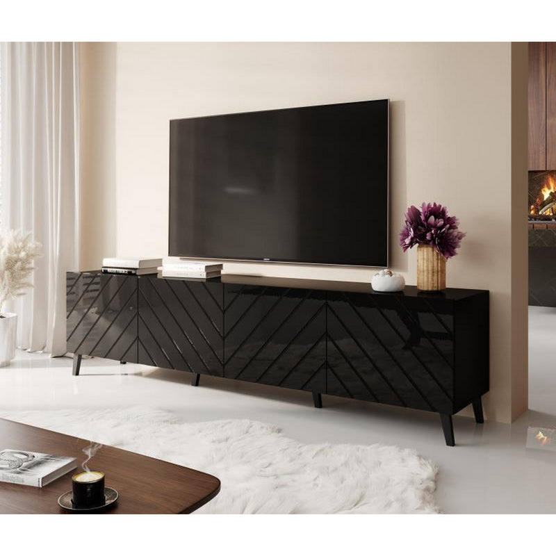 Comoda TV ABETO, negru, PAL, cu 4 usi, 200x41.6x52 cm