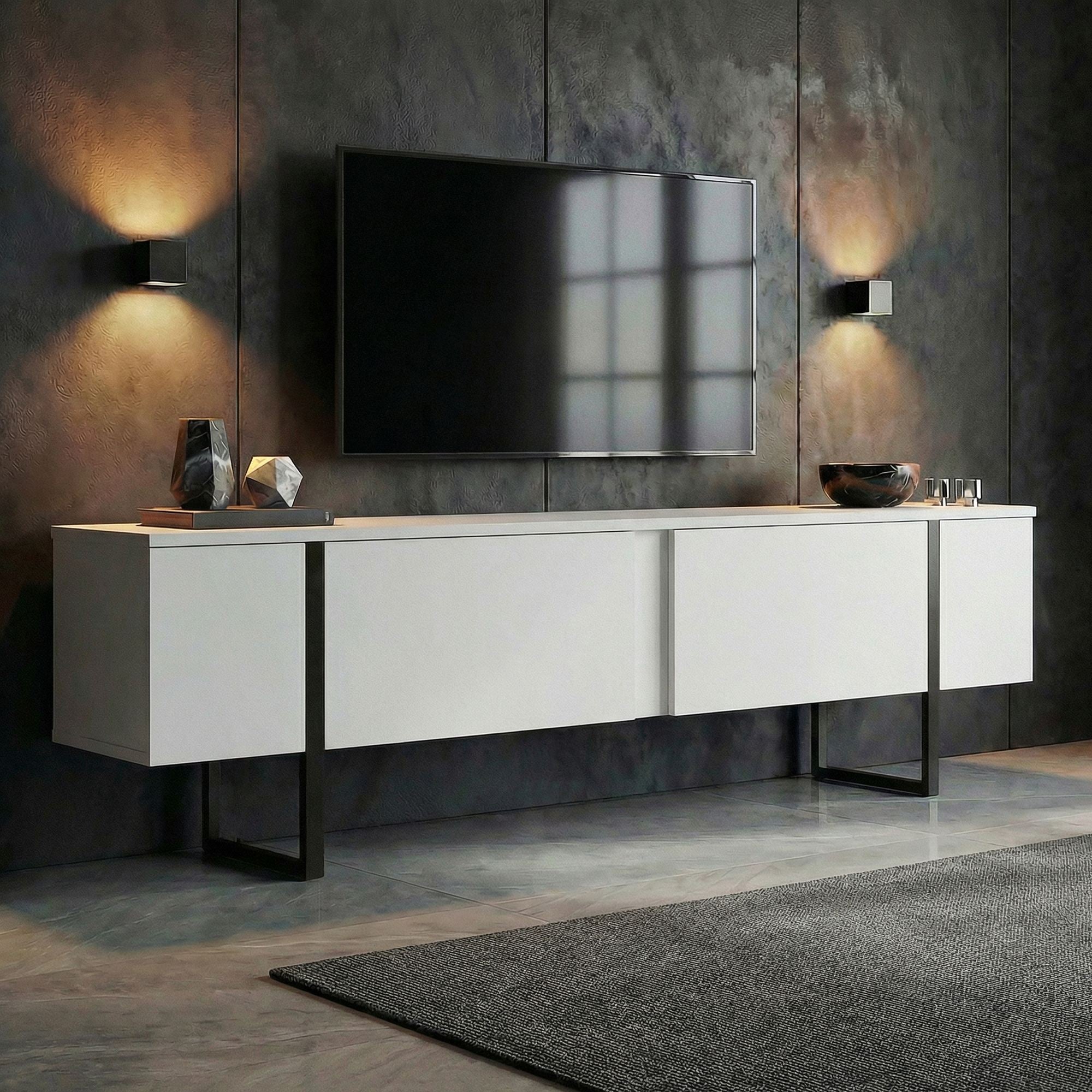 Comodă TV, Onera - White, Black, Alb / Negru