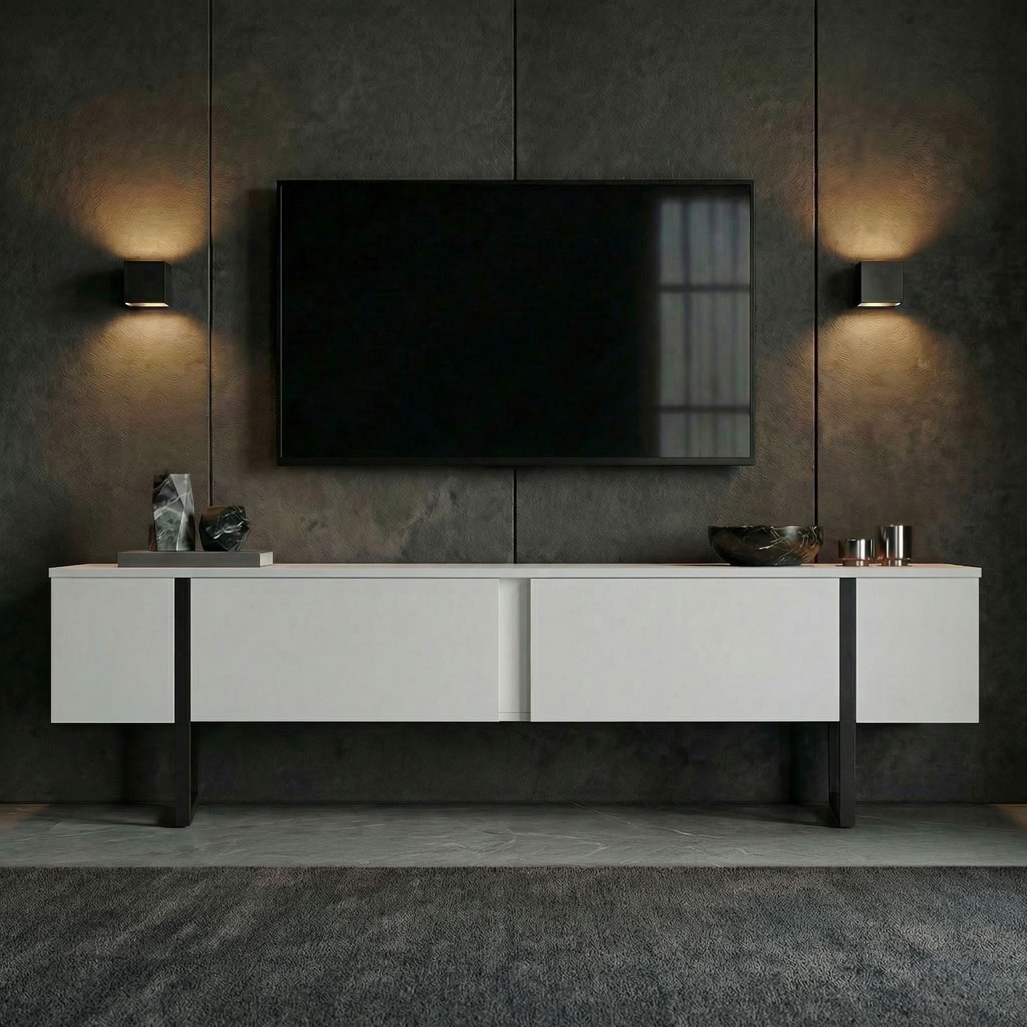 Comodă TV, Onera - White, Black, Alb / Negru