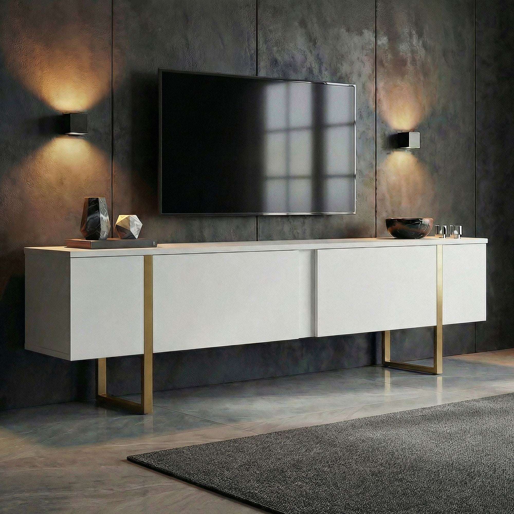 Comodă TV, Onera - White, Gold, Alb / Auriu