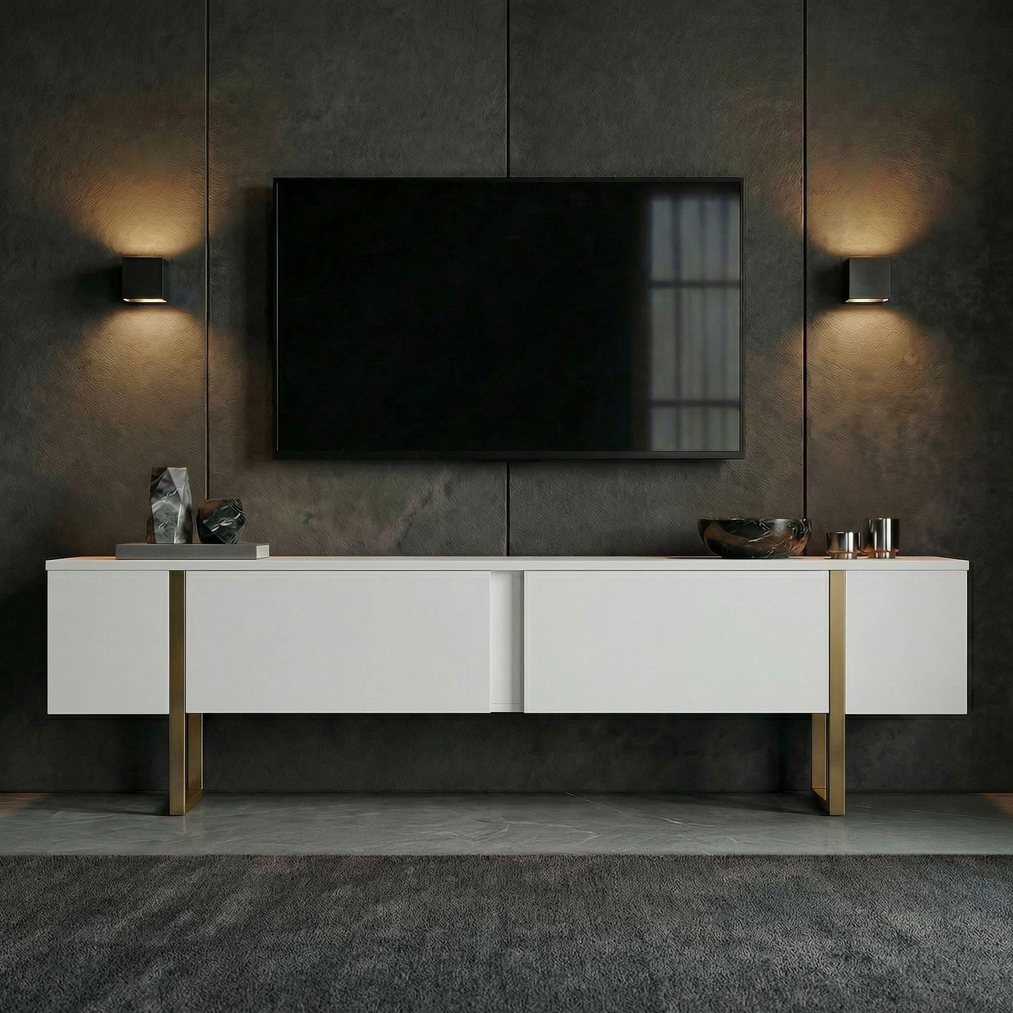 Comodă TV, Onera - White, Gold, Alb / Auriu