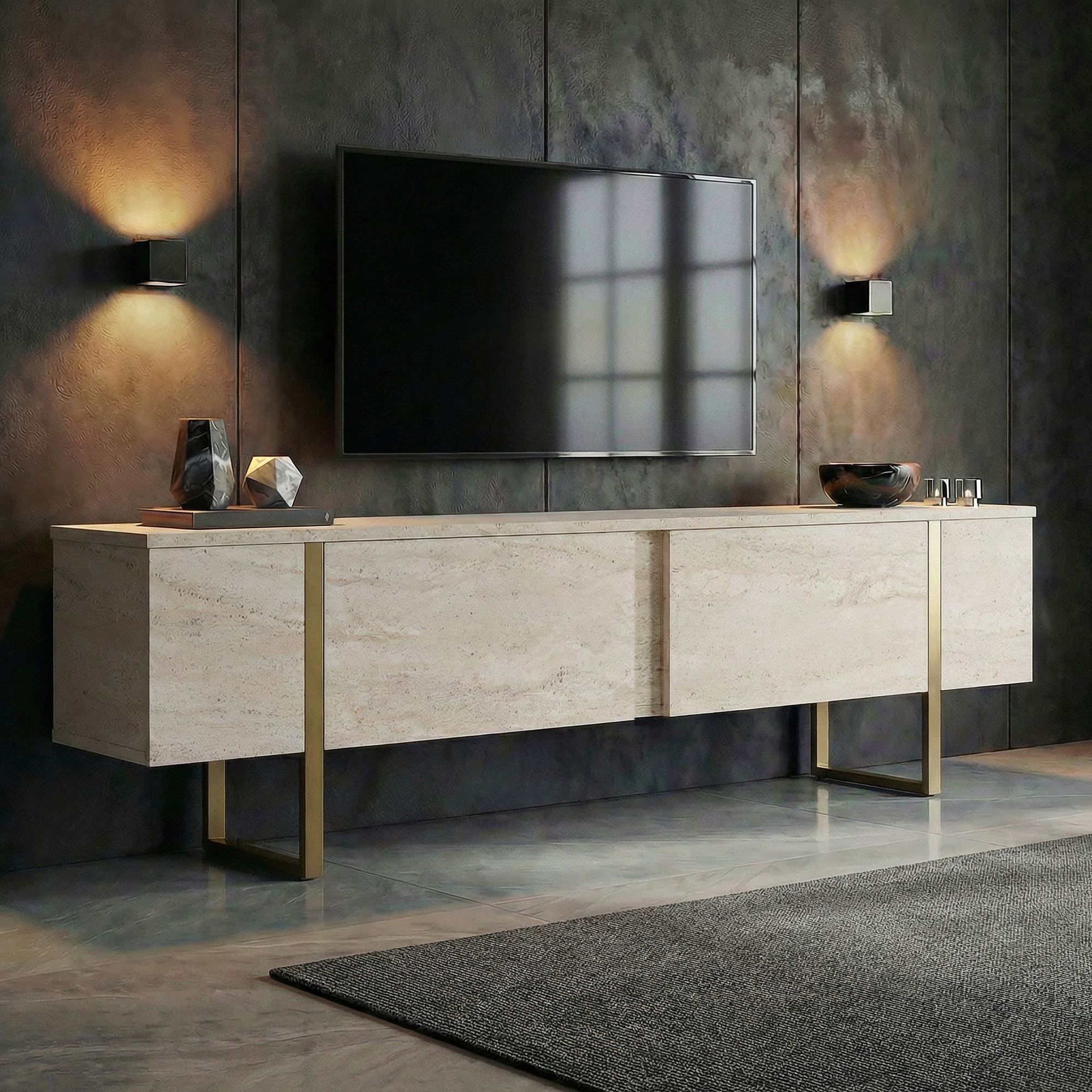 Comodă TV, Onera - Travertine, Gold, Travertin / Auriu