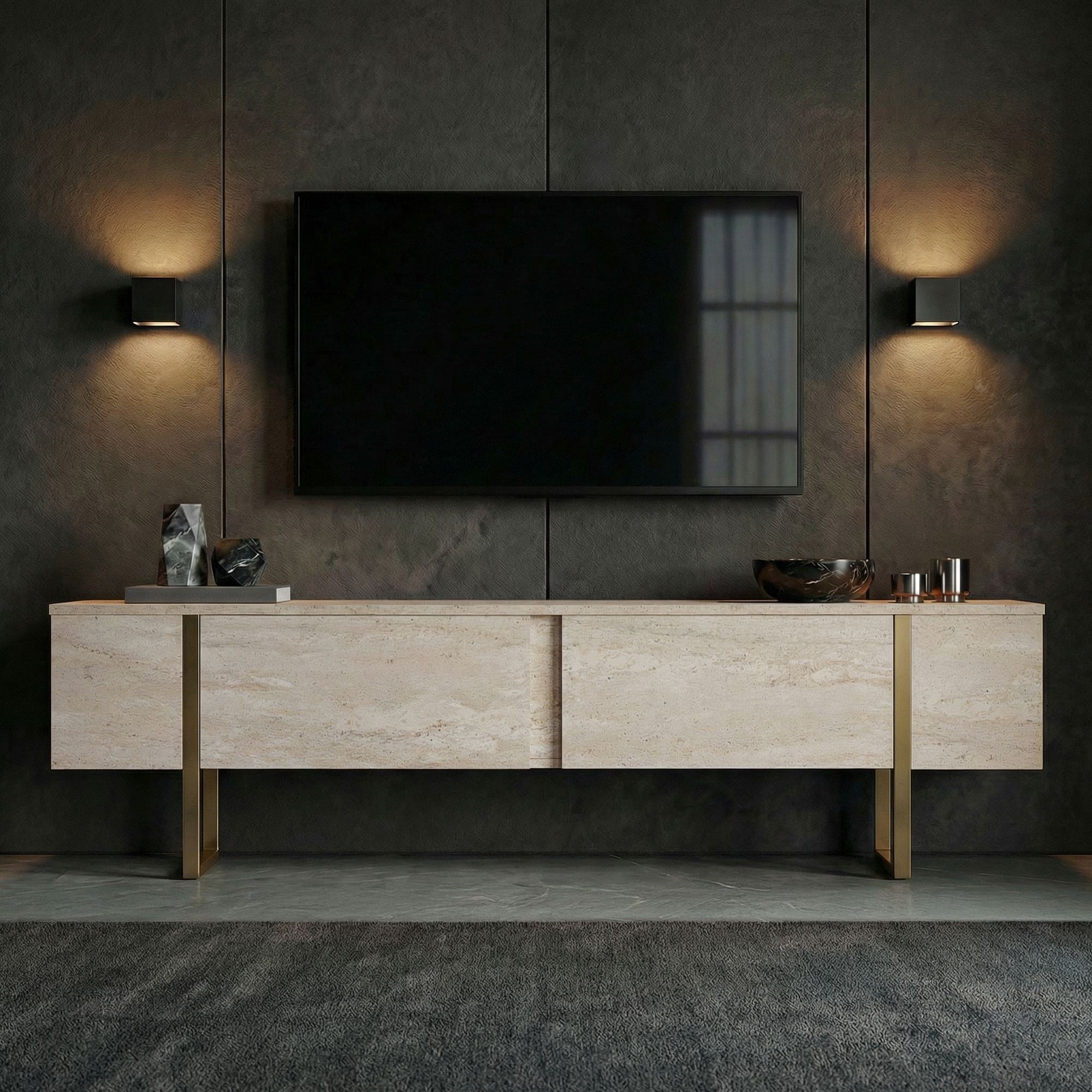 Comodă TV, Onera - Travertine, Gold, Travertin / Auriu