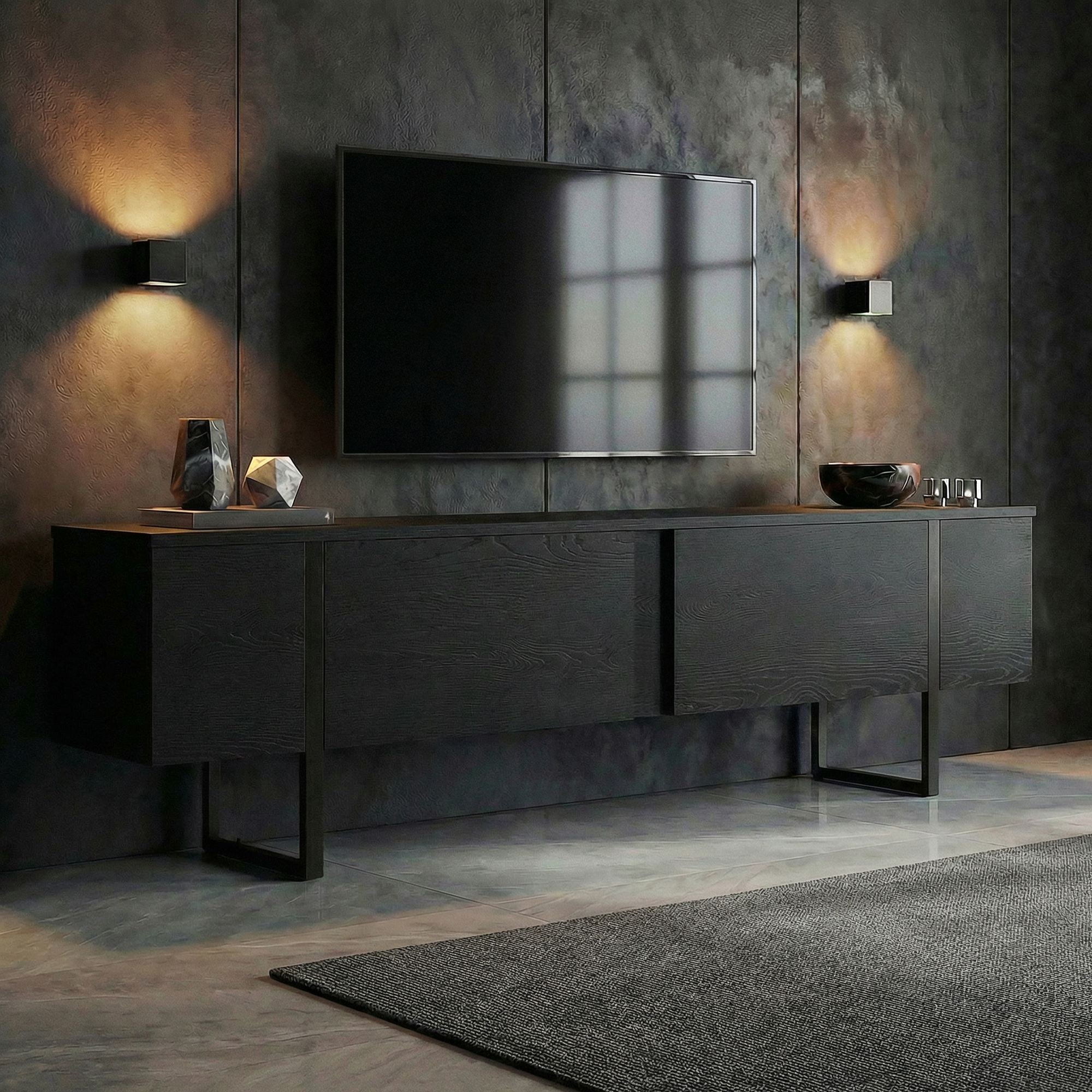 Comodă TV, Onera - Wood Black, Black, Lemn Negru / Negru
