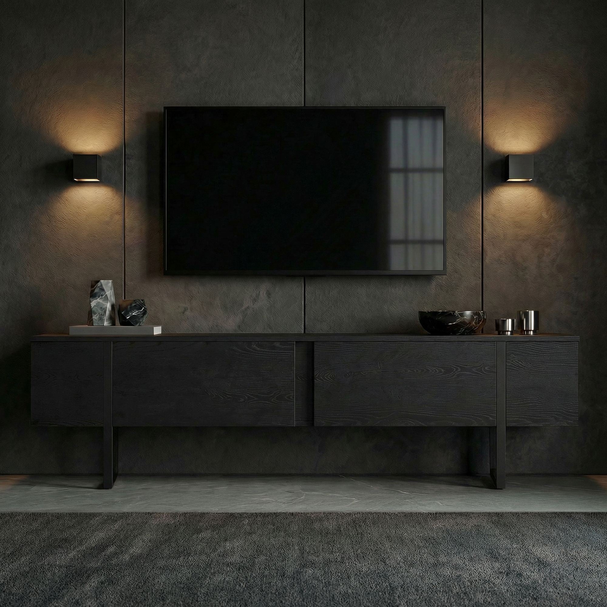 Comodă TV, Onera - Wood Black, Black, Lemn Negru / Negru