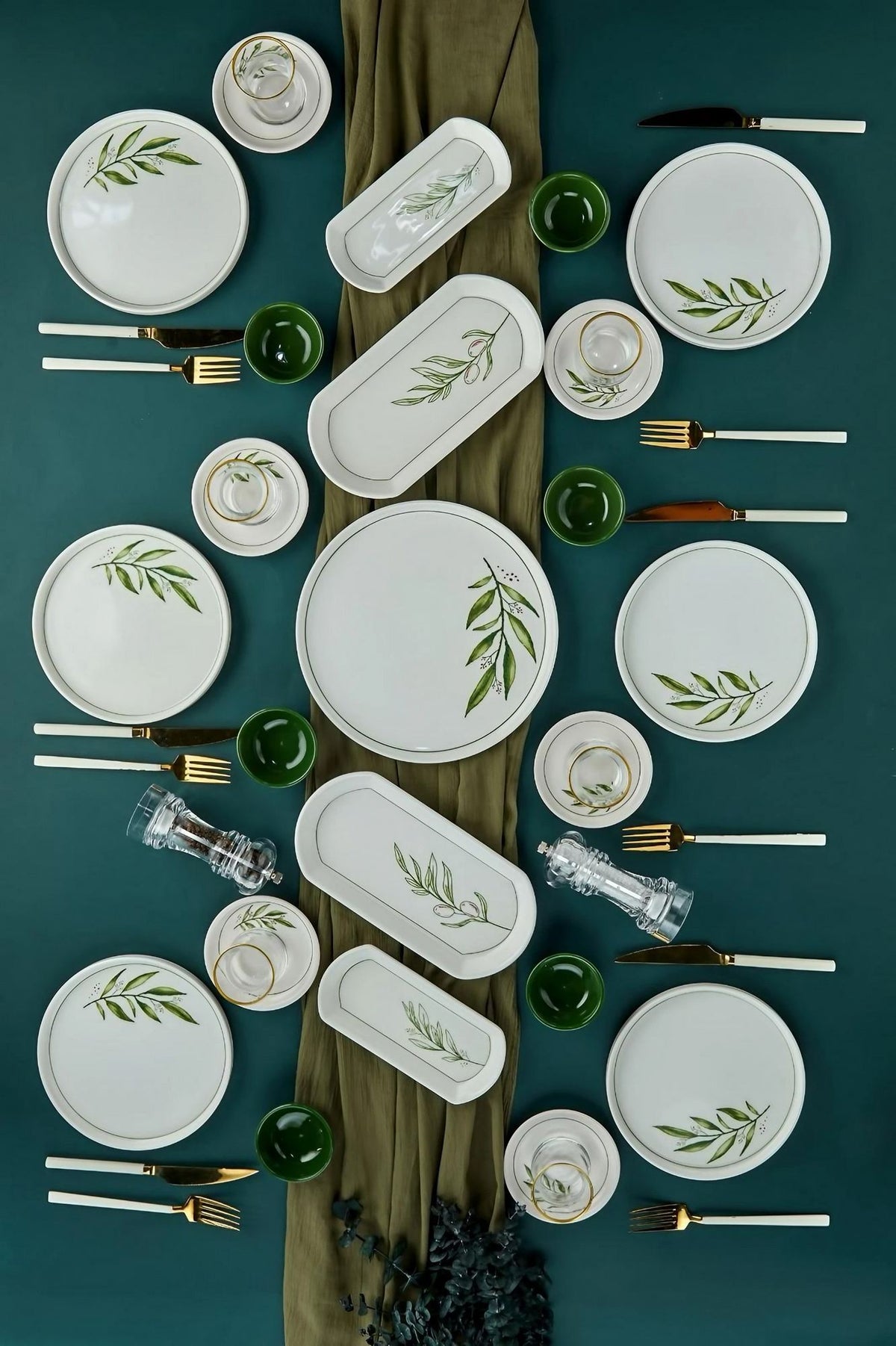 Set mic dejun (23 piese), Botanic 23KH - Green, Alb / Verde / Verde deschis