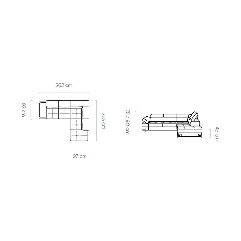 Coltar EMPORIO extensibil L, sezlong dreapta, stofa gri - AUSTIN 18, 262x223x75/90 cm, lada depozitare, tetiere reglabile