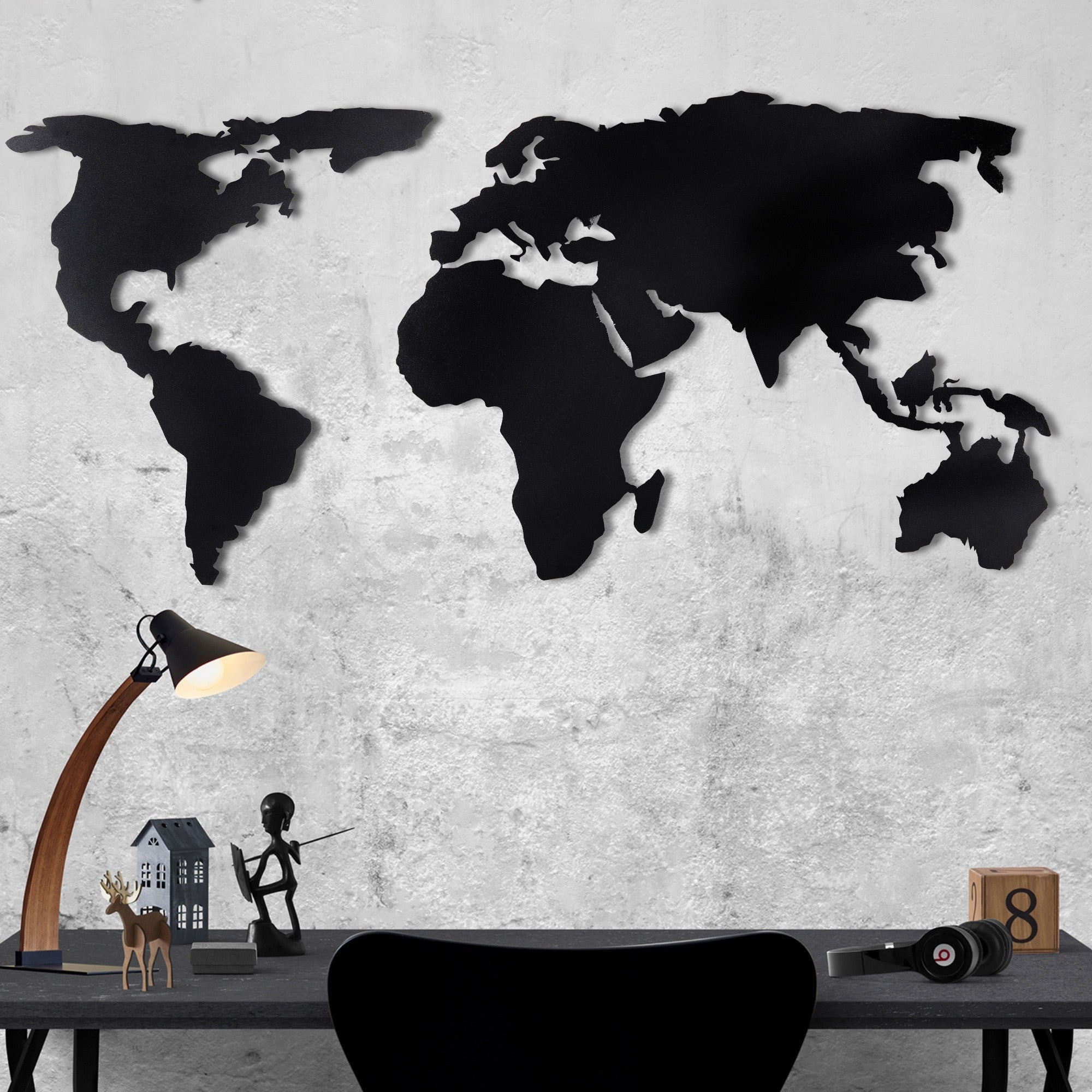 Accesoriu decorativ metalic de perete, World Map Silhouette, Negru