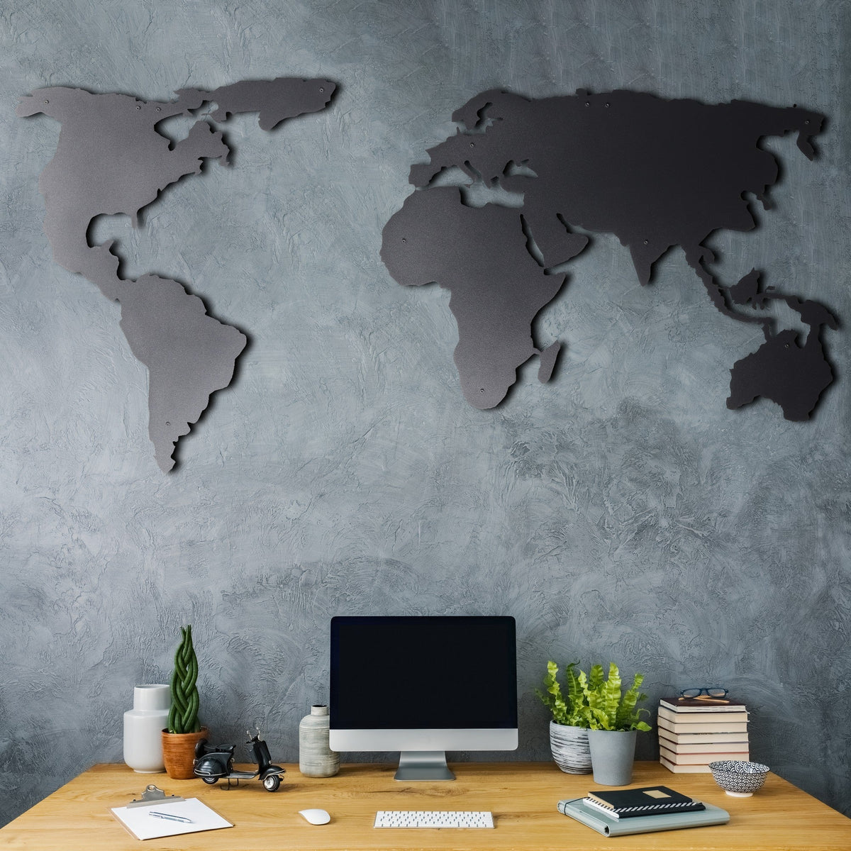 Accesoriu decorativ metalic de perete, World Map Silhouette, Negru