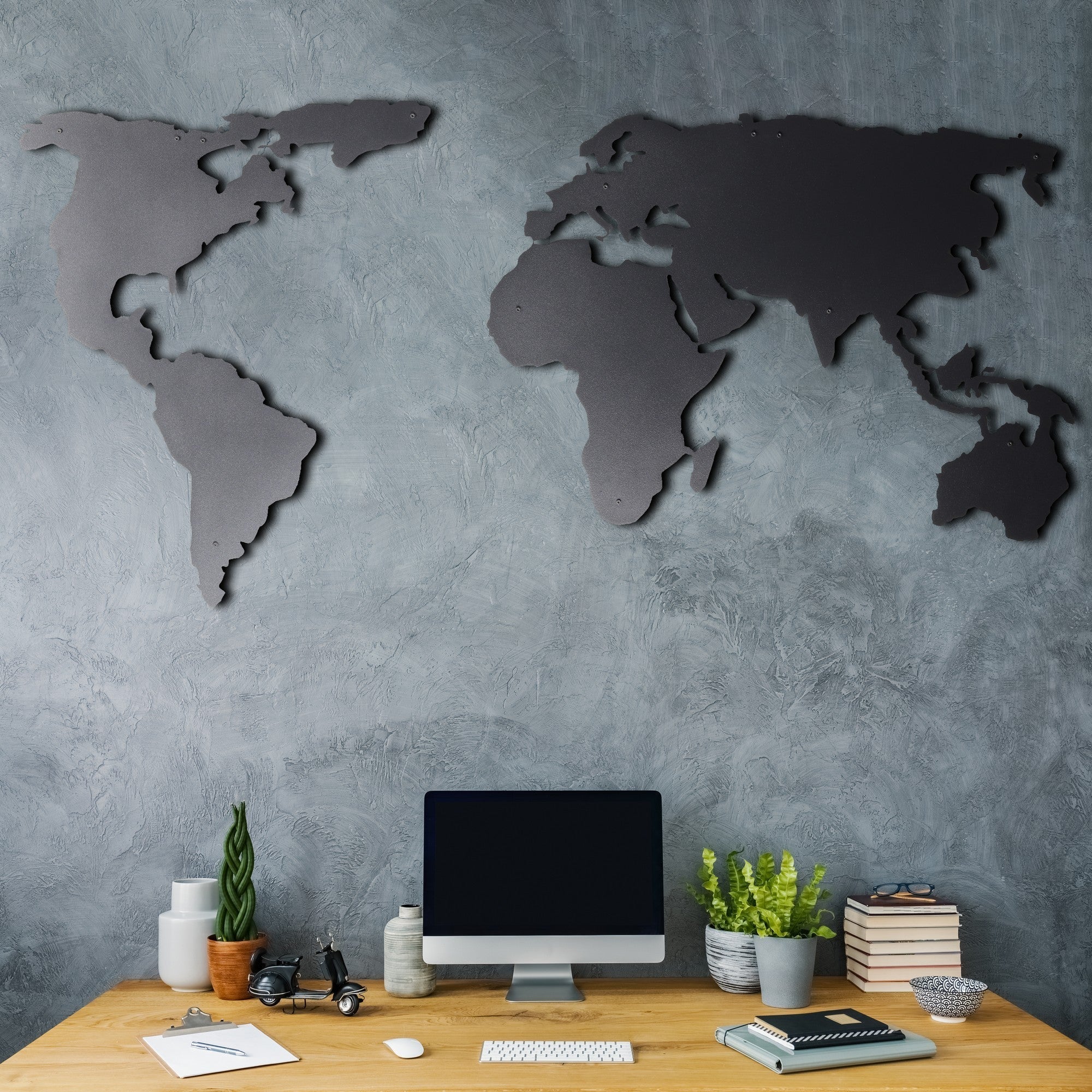 Accesoriu decorativ metalic de perete, World Map Silhouette, Negru