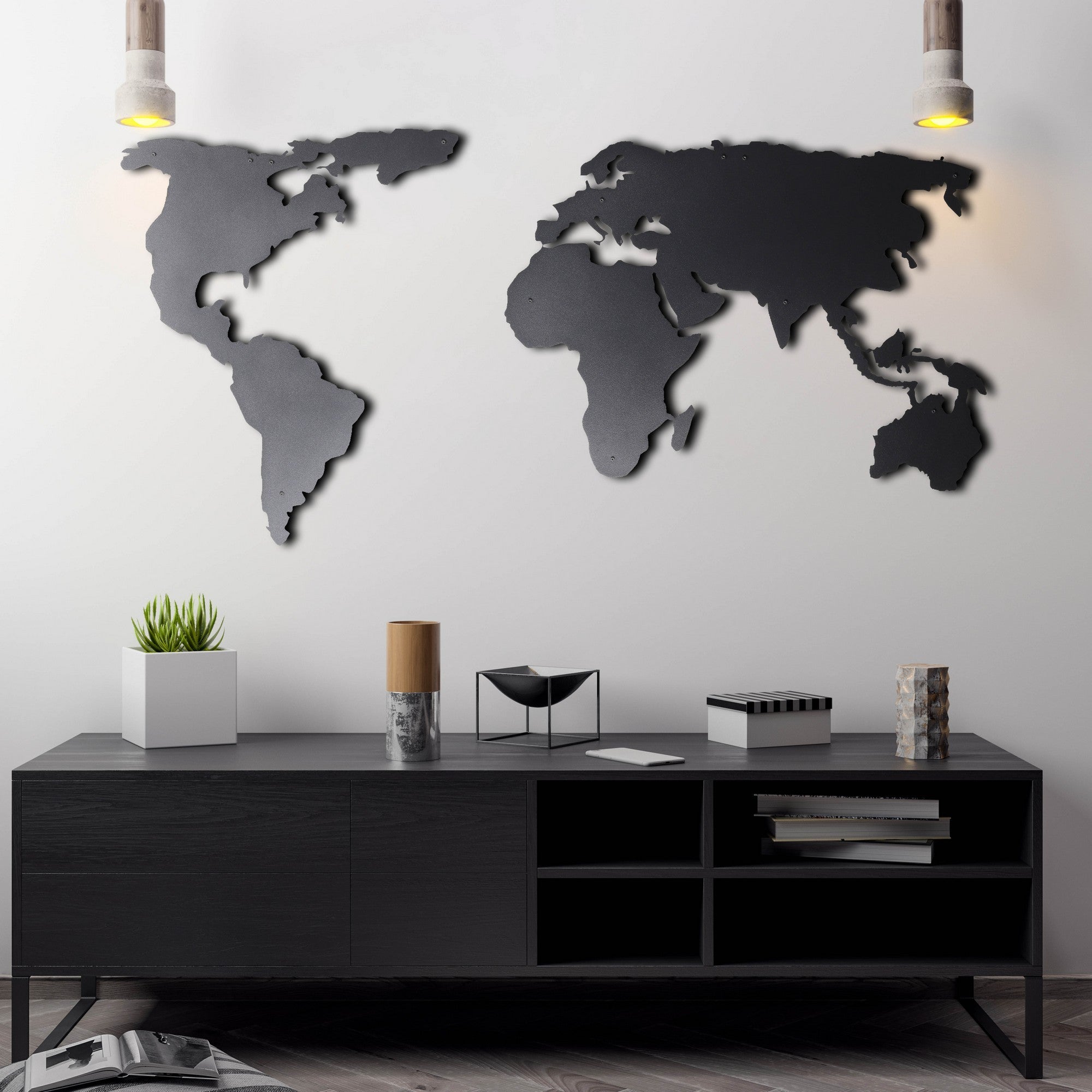 Accesoriu decorativ metalic de perete, World Map Silhouette, Negru
