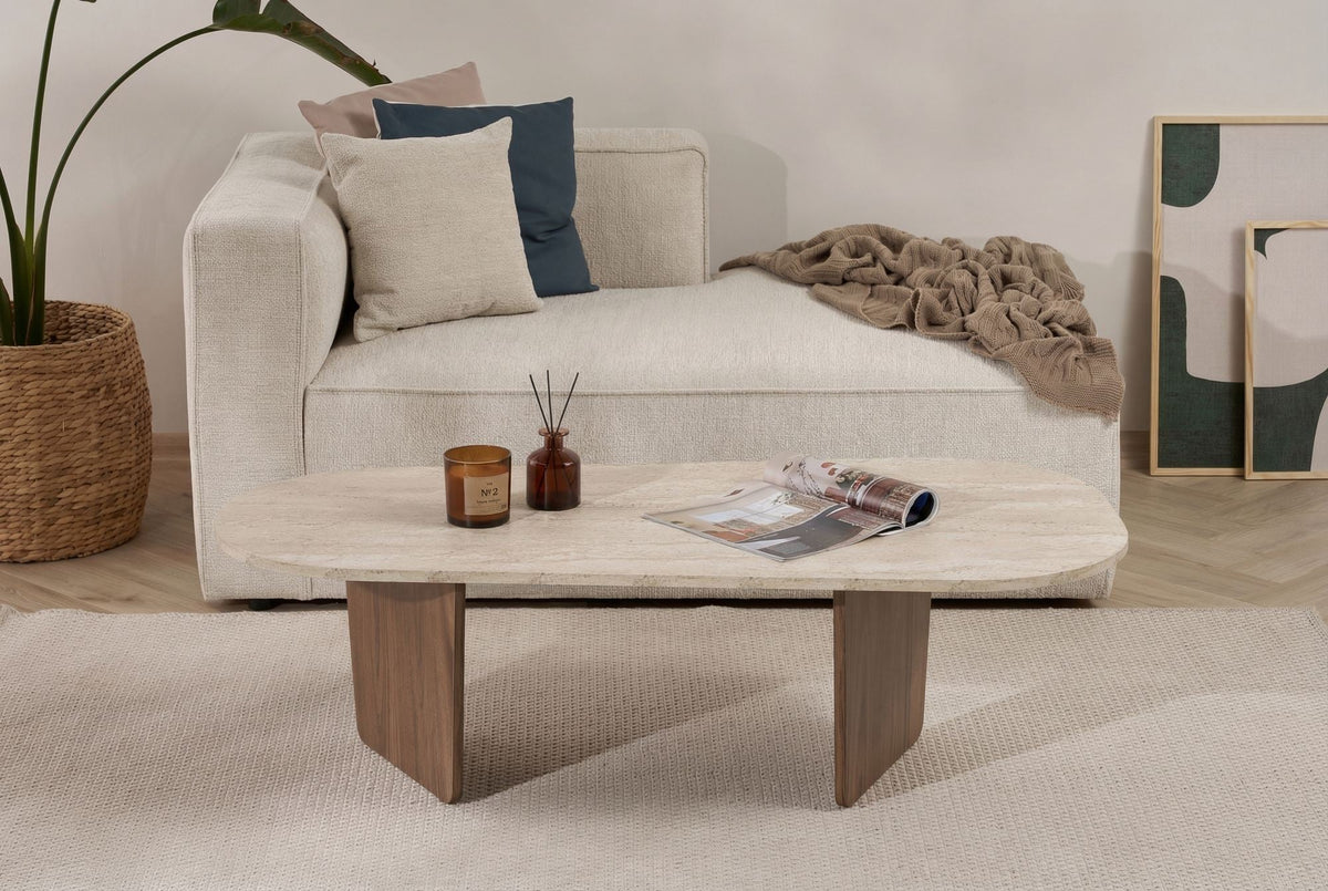 Măsuță de cafea, Ovalis - Travertine, Walnut, Travertin / Nuc