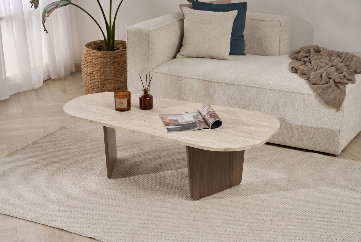 Măsuță de cafea, Ovalis - Travertine, Walnut, Travertin / Nuc