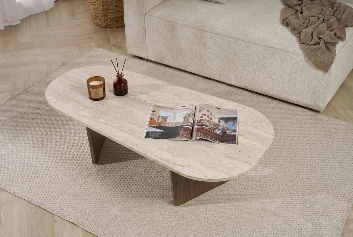 Măsuță de cafea, Ovalis - Travertine, Walnut, Travertin / Nuc