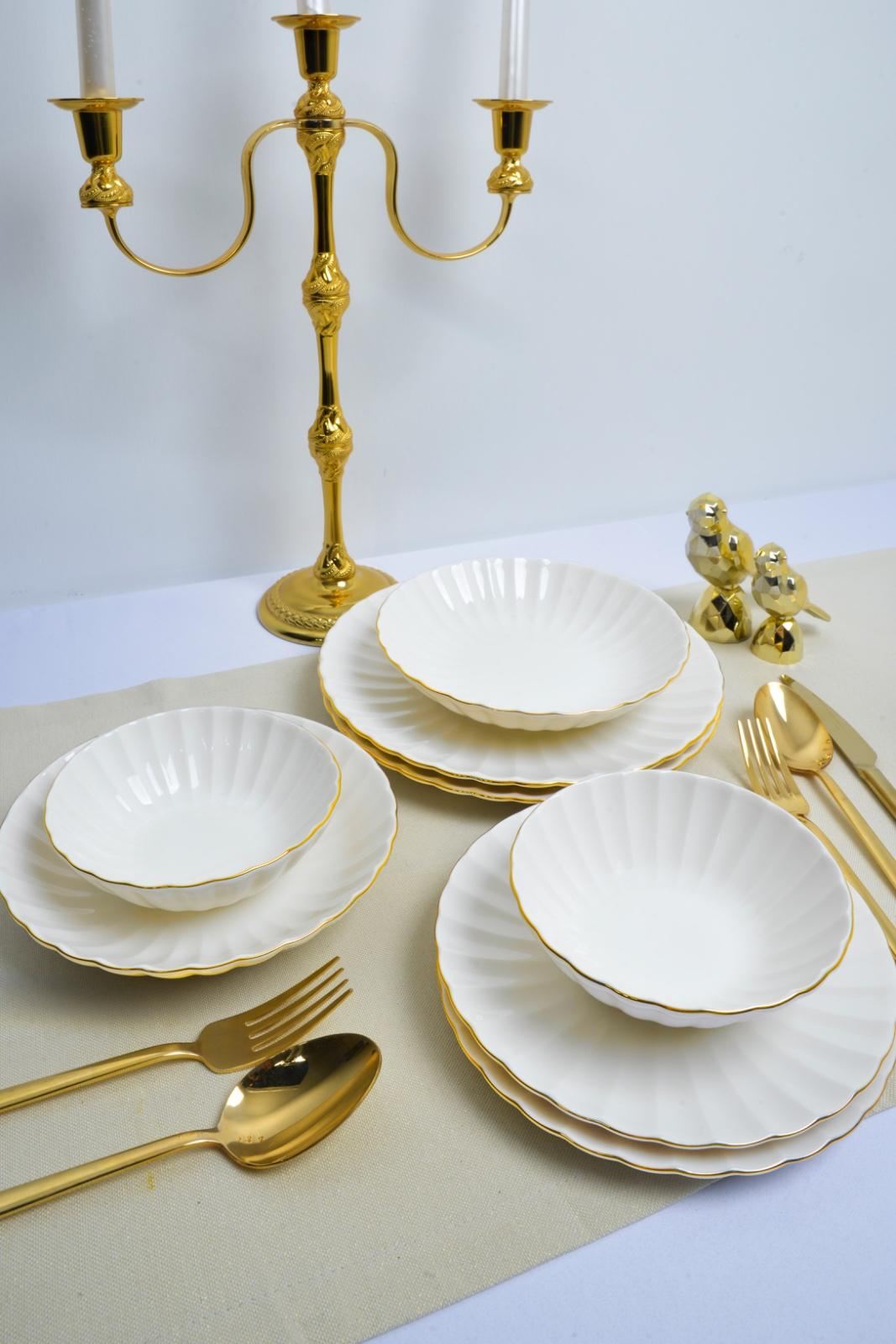 Set veselă (24 piese), Derya 24 - White, Gold, Alb / Auriu