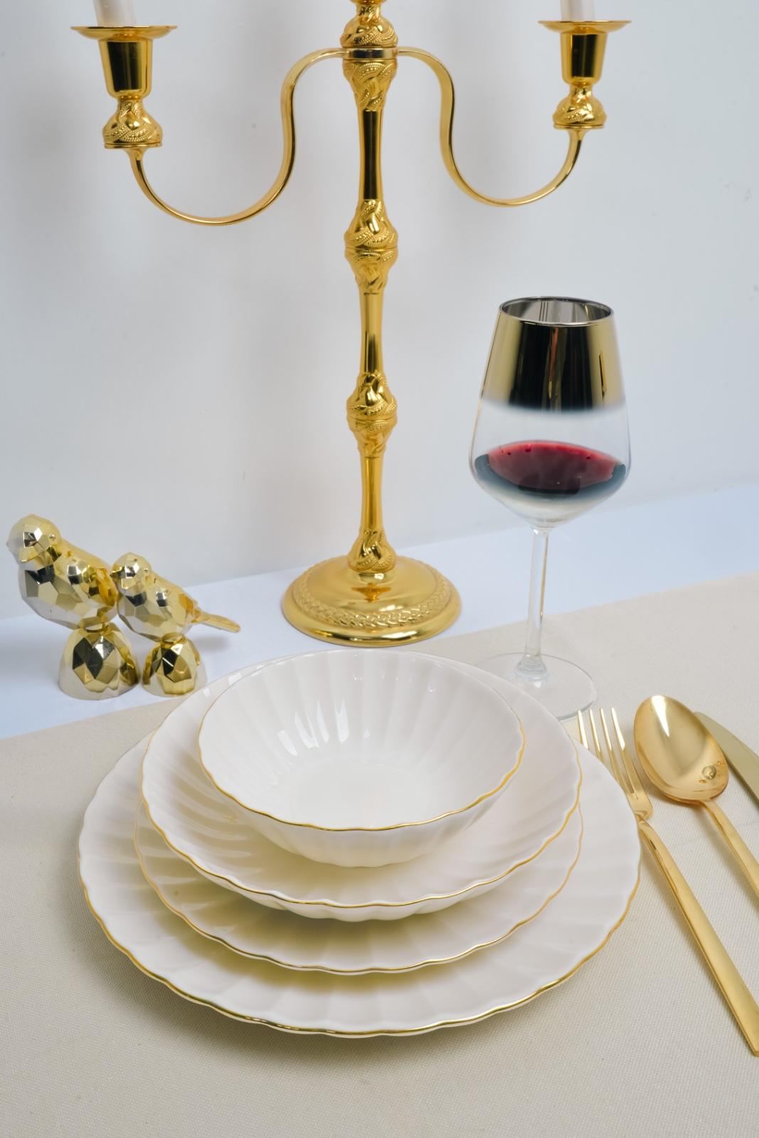 Set veselă (24 piese), Derya 24 - White, Gold, Alb / Auriu