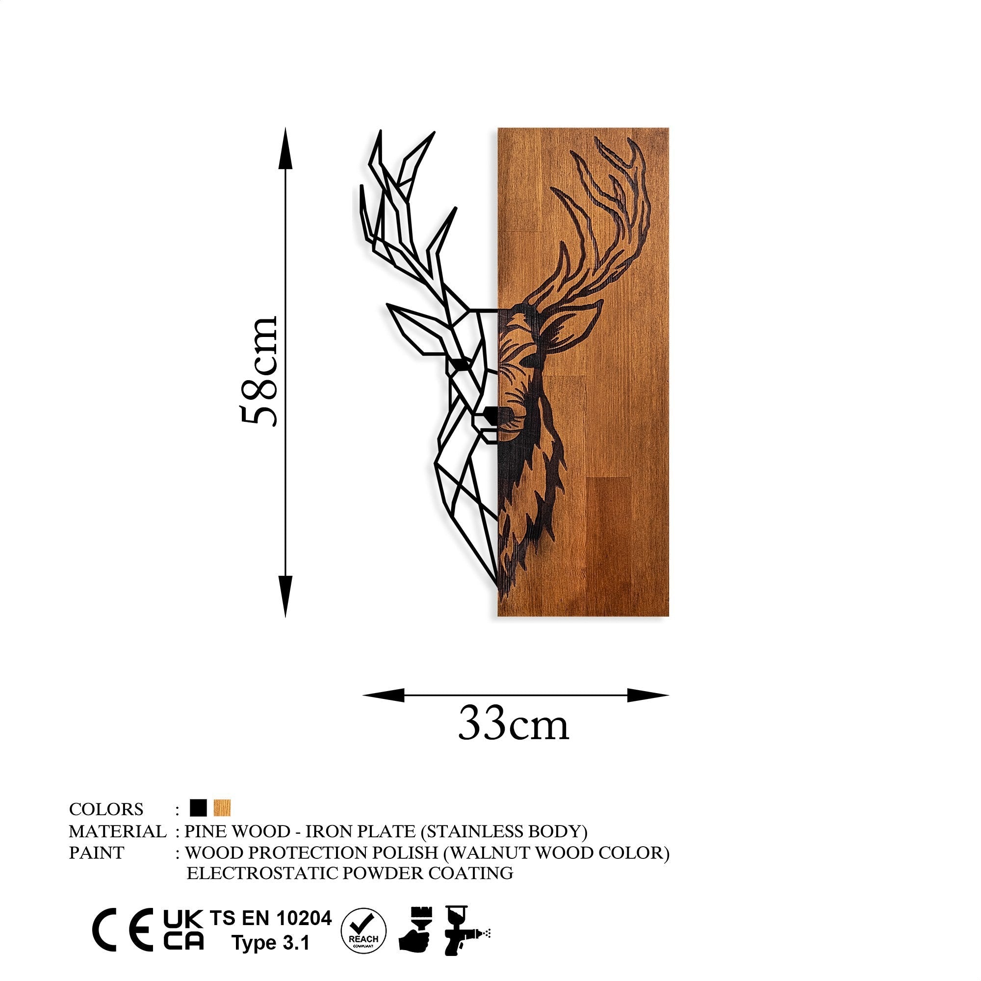 Accesoriu decorativ din lemn de perete, Red Deer 1, Nuc / Negru