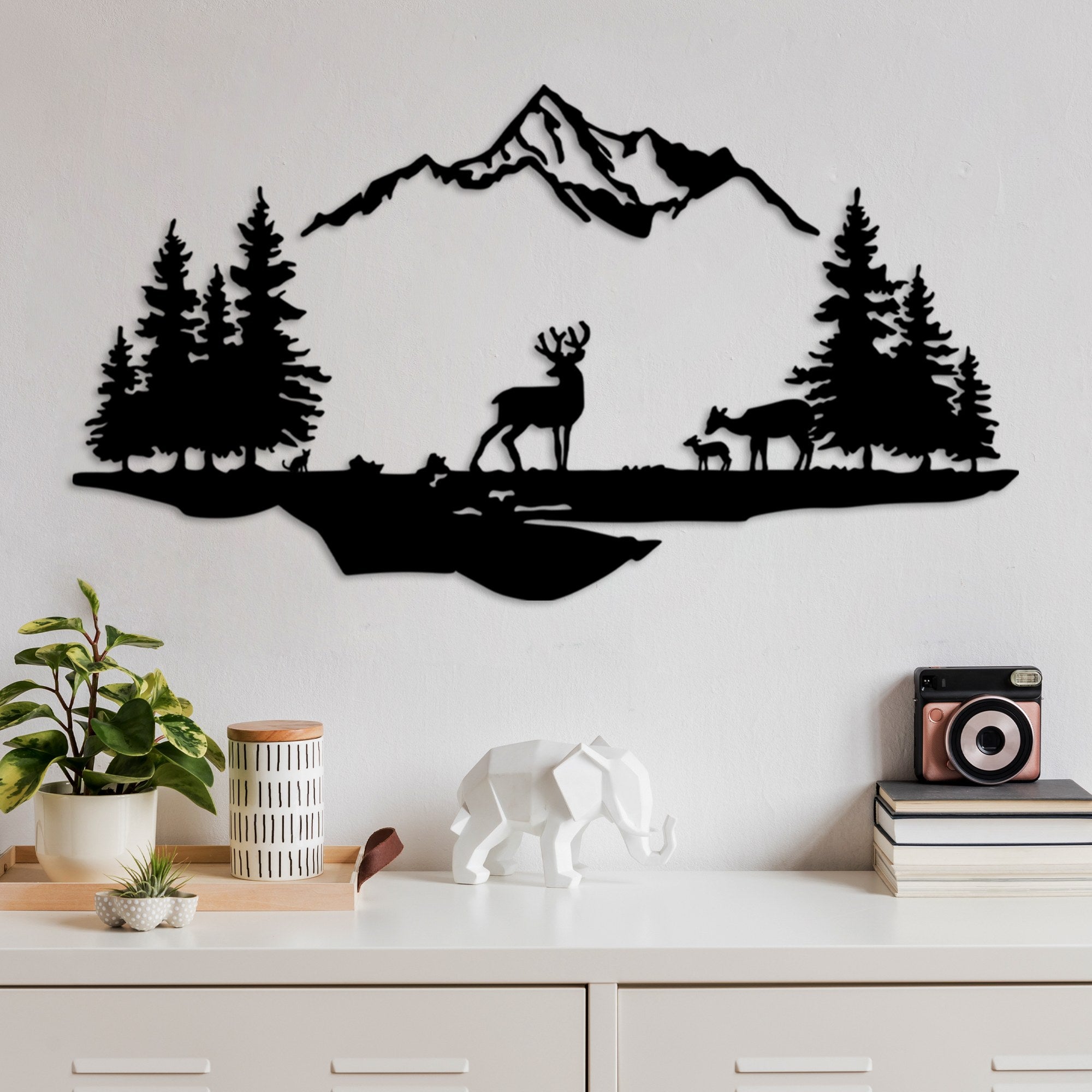 Accesoriu decorativ metalic de perete, Deer And Landscape - 1, Negru