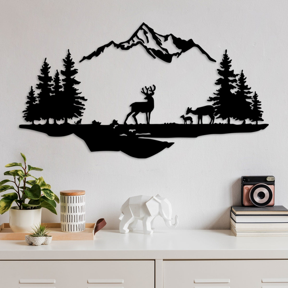 Accesoriu decorativ metalic de perete, Deer And Landscape - 1, Negru
