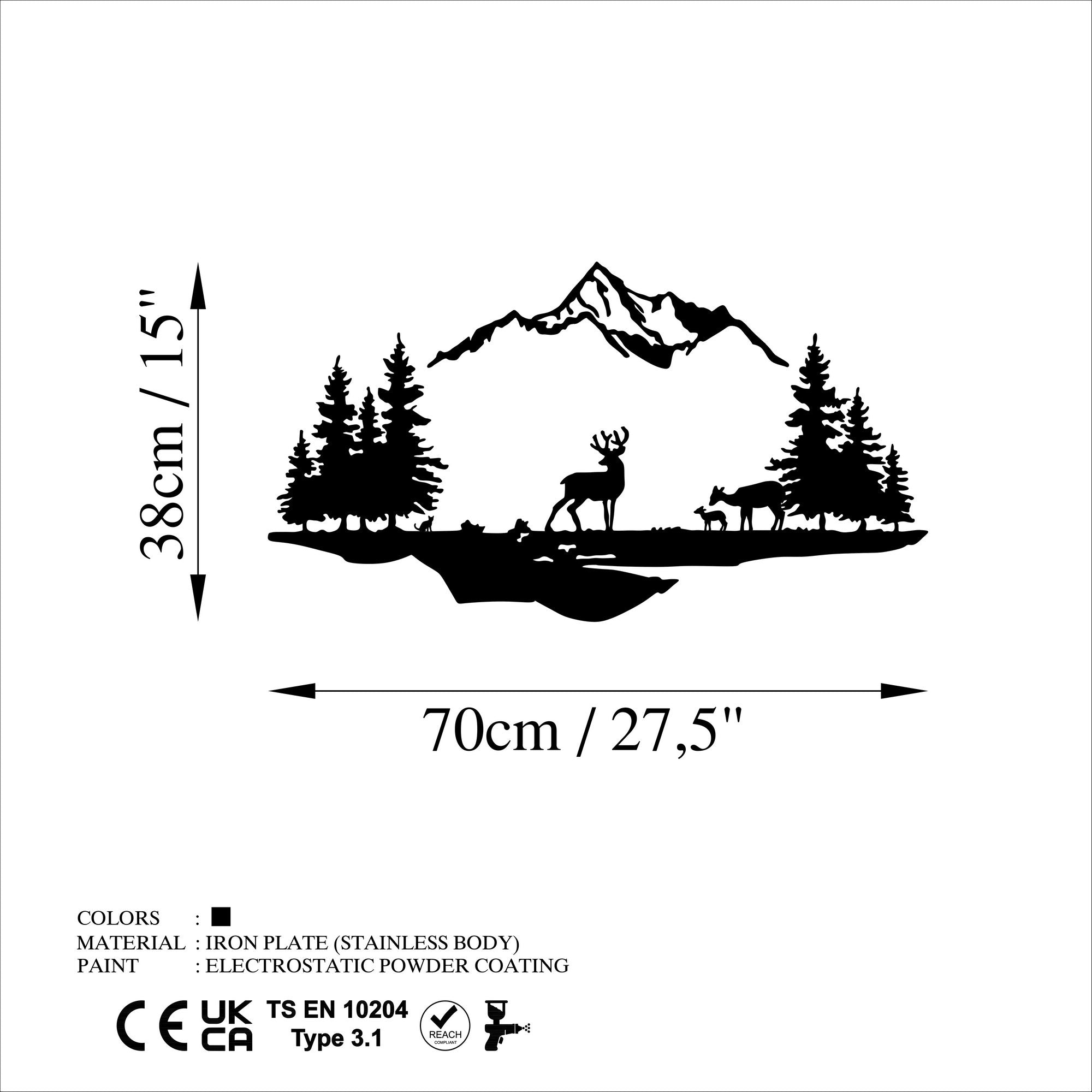 Accesoriu decorativ metalic de perete, Deer And Landscape - 1, Negru