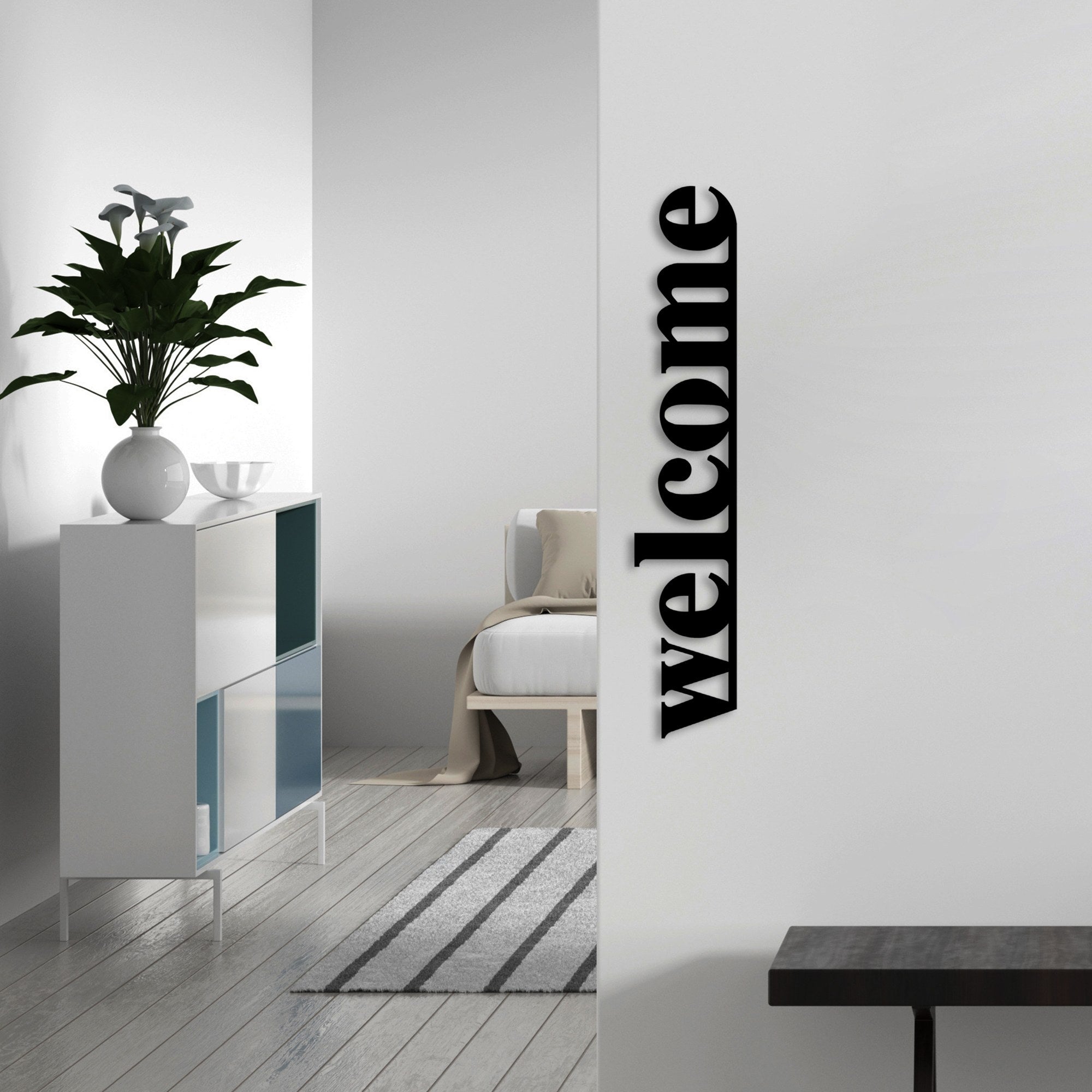 Accesoriu decorativ metalic de perete, Welcome, Negru