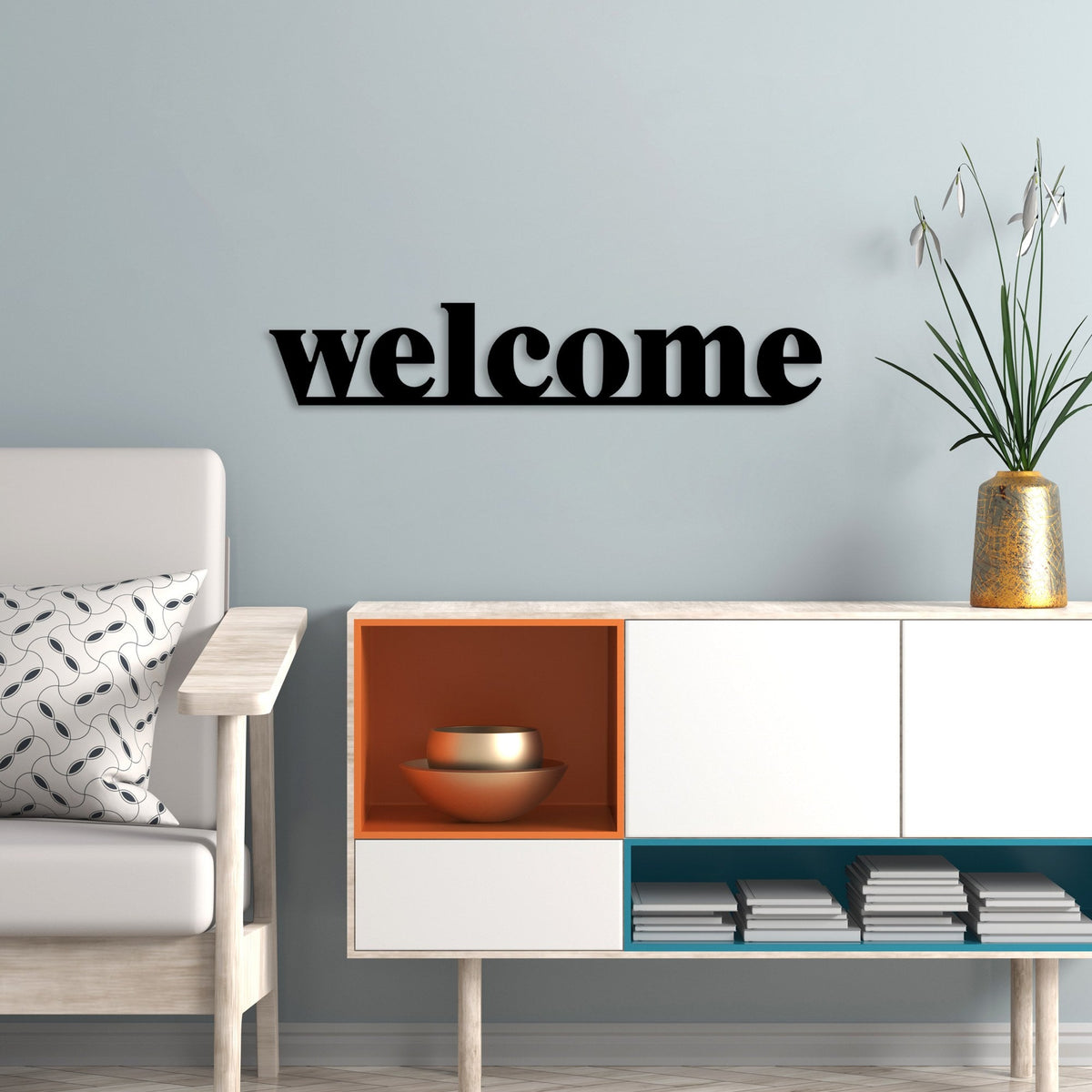 Accesoriu decorativ metalic de perete, Welcome, Negru