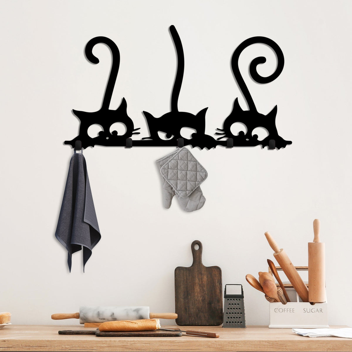 Cuier metalic de perete, Hidden Cats, Negru