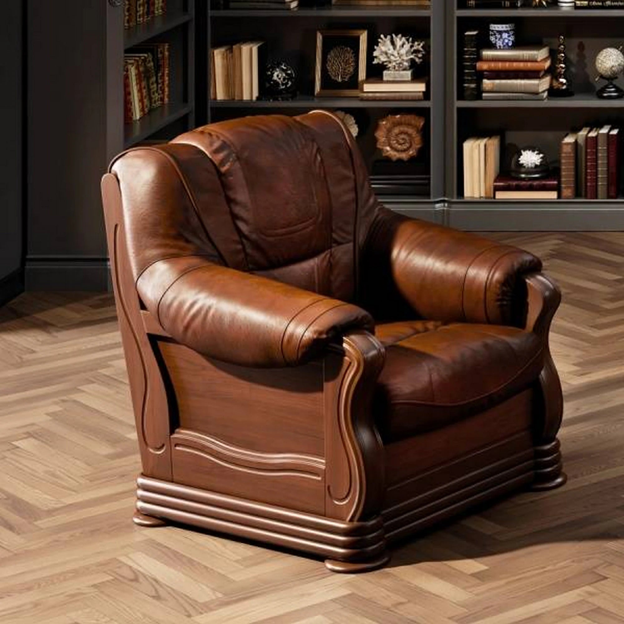 Fotoliu de piele PARMA, maro, piele naturala/lemn/placaj, 95x96x95 cm