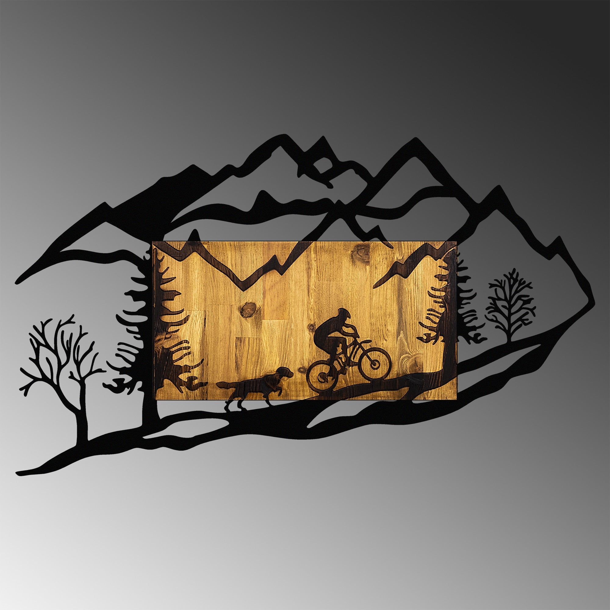 Accesoriu decorativ din lemn de perete, Bicycle Riding in Nature 1, Nuc / Negru
