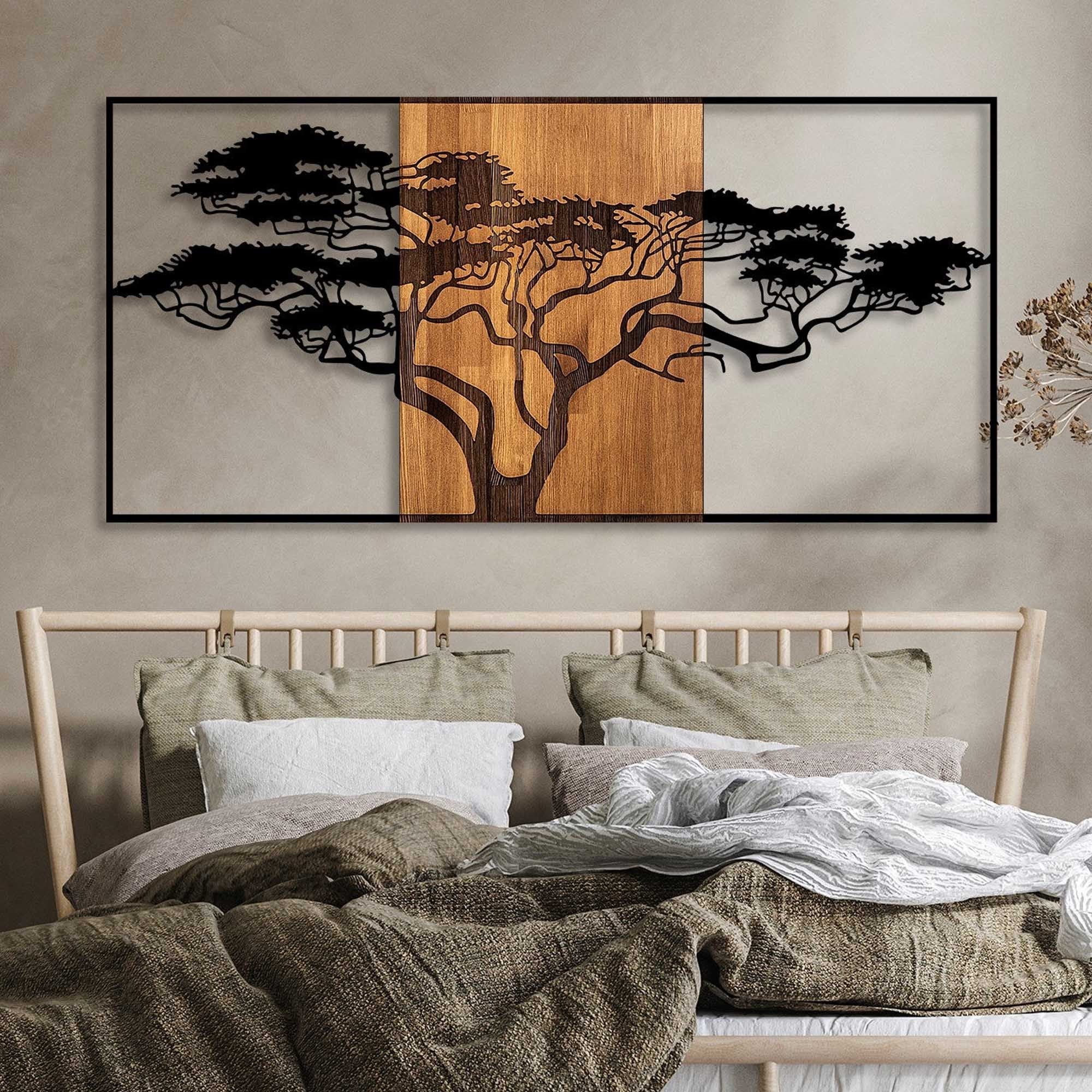 Accesoriu decorativ din lemn de perete, Acacia Tree - 328, Negru / Nuc