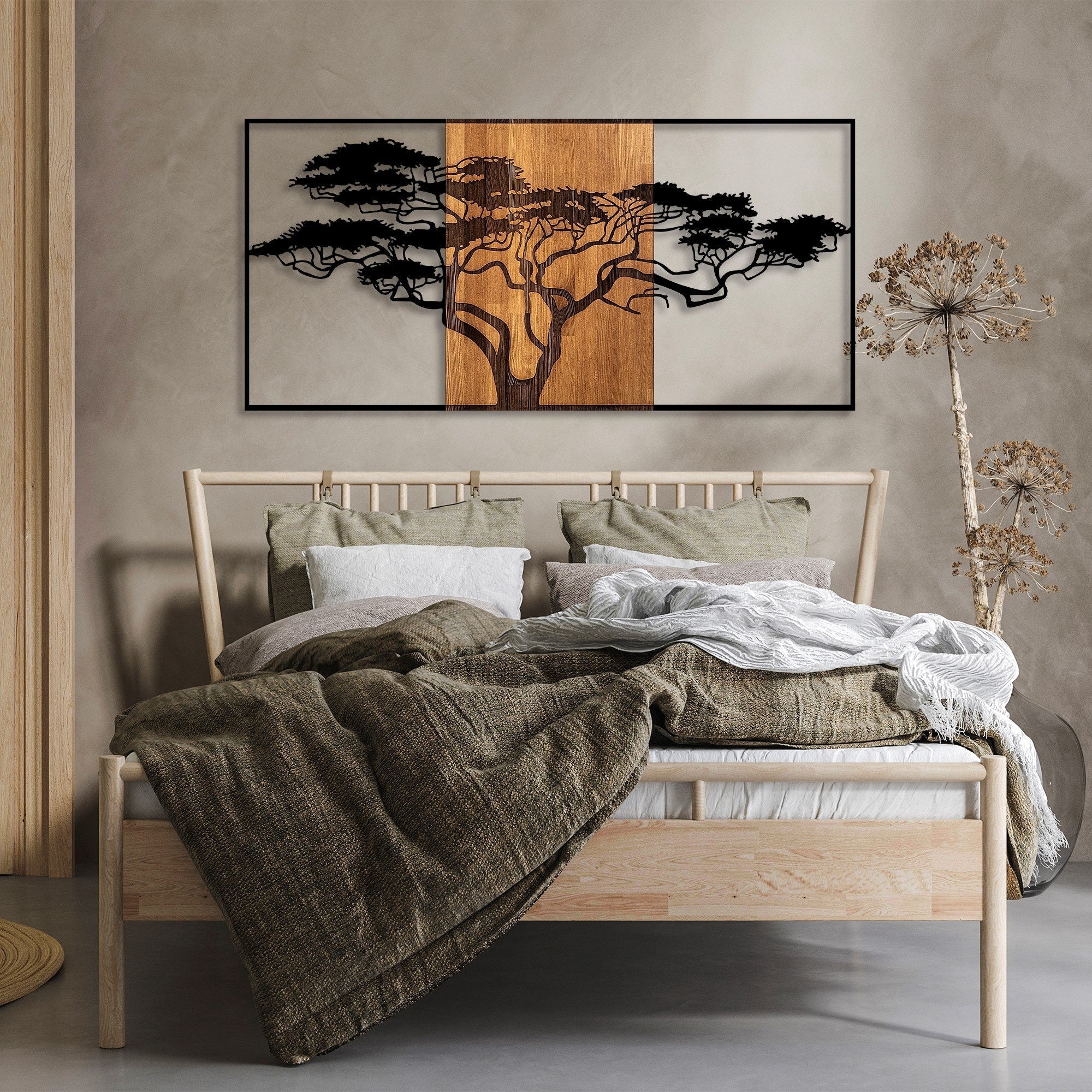 Accesoriu decorativ din lemn de perete, Acacia Tree - 328, Negru / Nuc