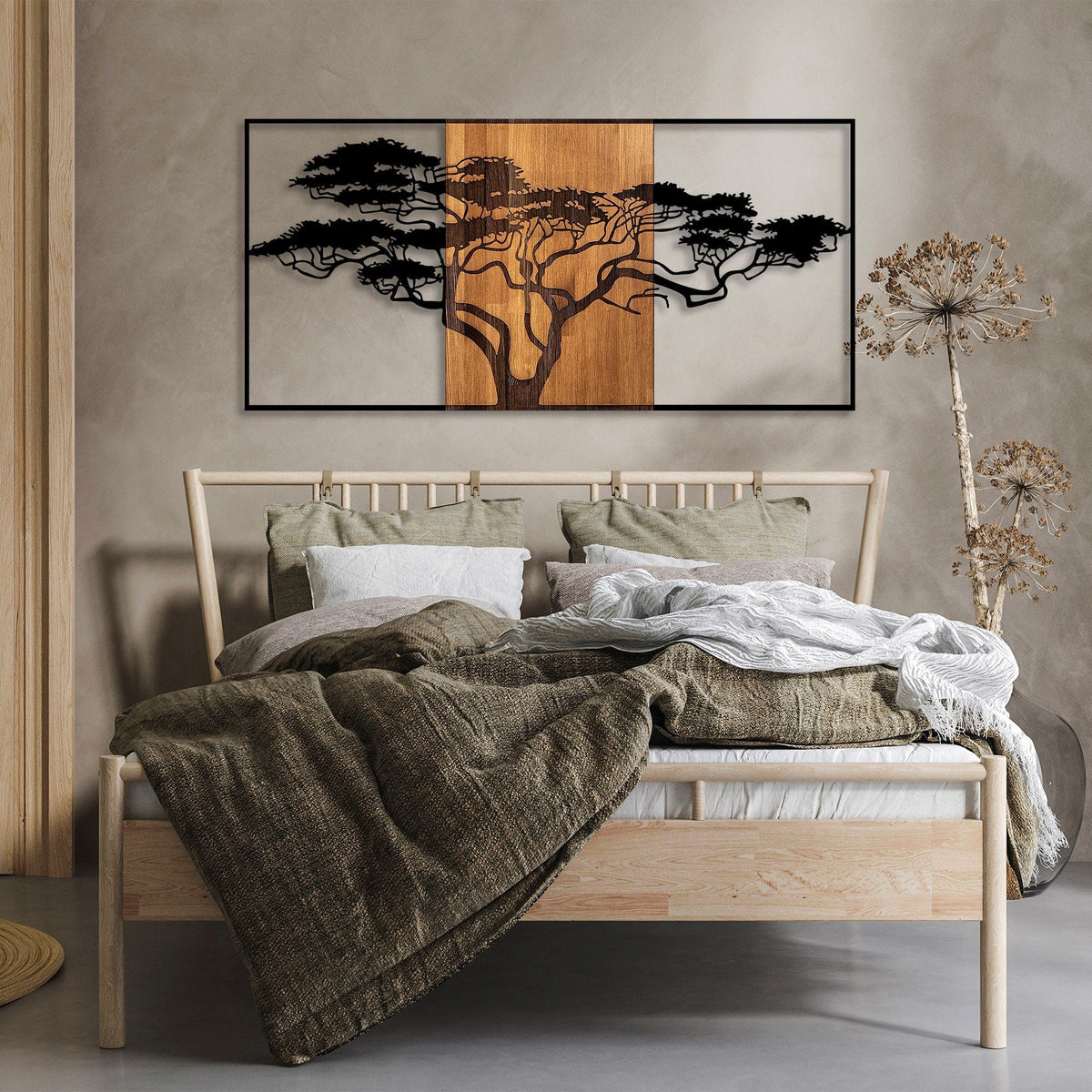 Accesoriu decorativ din lemn de perete, Acacia Tree - 328, Negru / Nuc