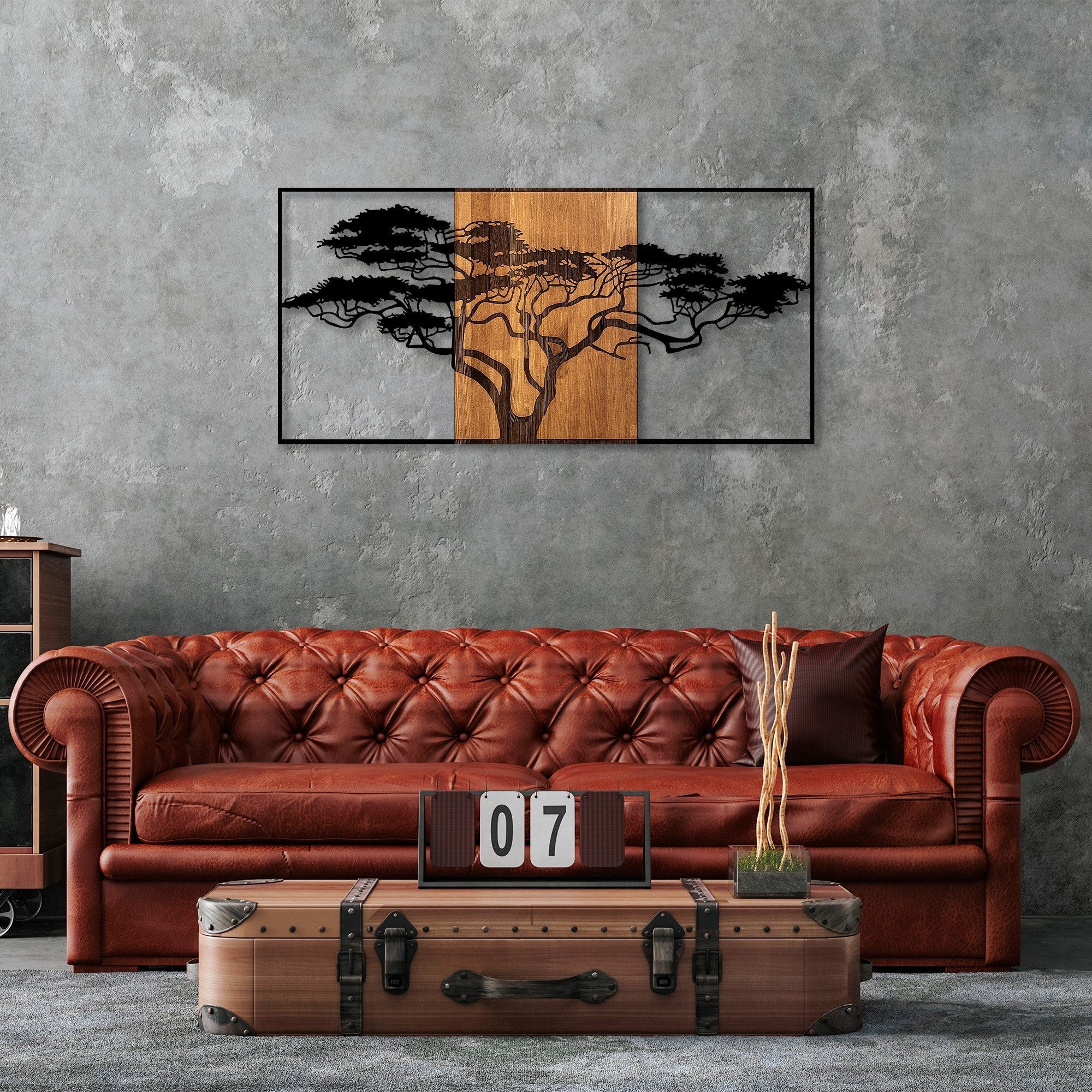Accesoriu decorativ din lemn de perete, Acacia Tree - 328, Negru / Nuc
