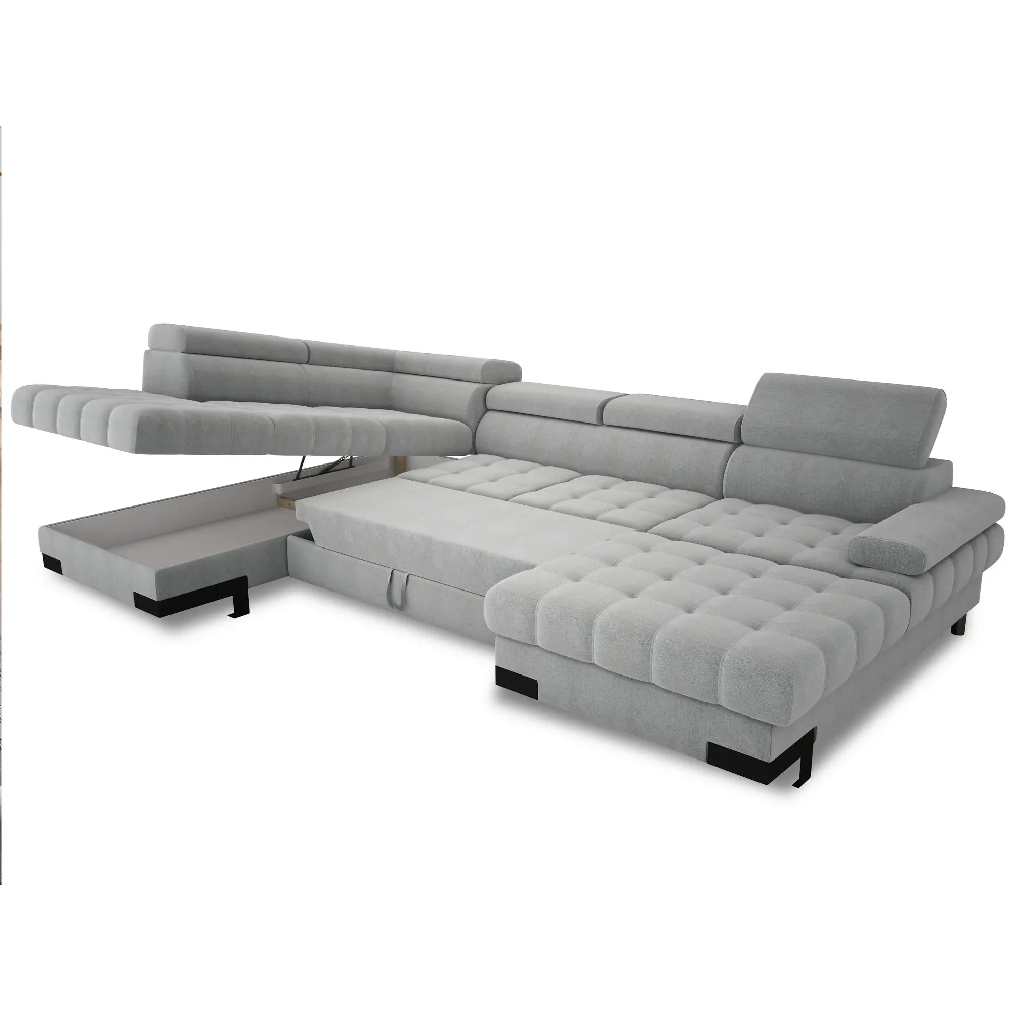 Coltar extensibil SELVA XL, sezlong stanga, stofa catifelata gri inchis - Salvador 15, Gama Premium, cu lada depozitare si tetiere reglabile, 339x223x95 cm