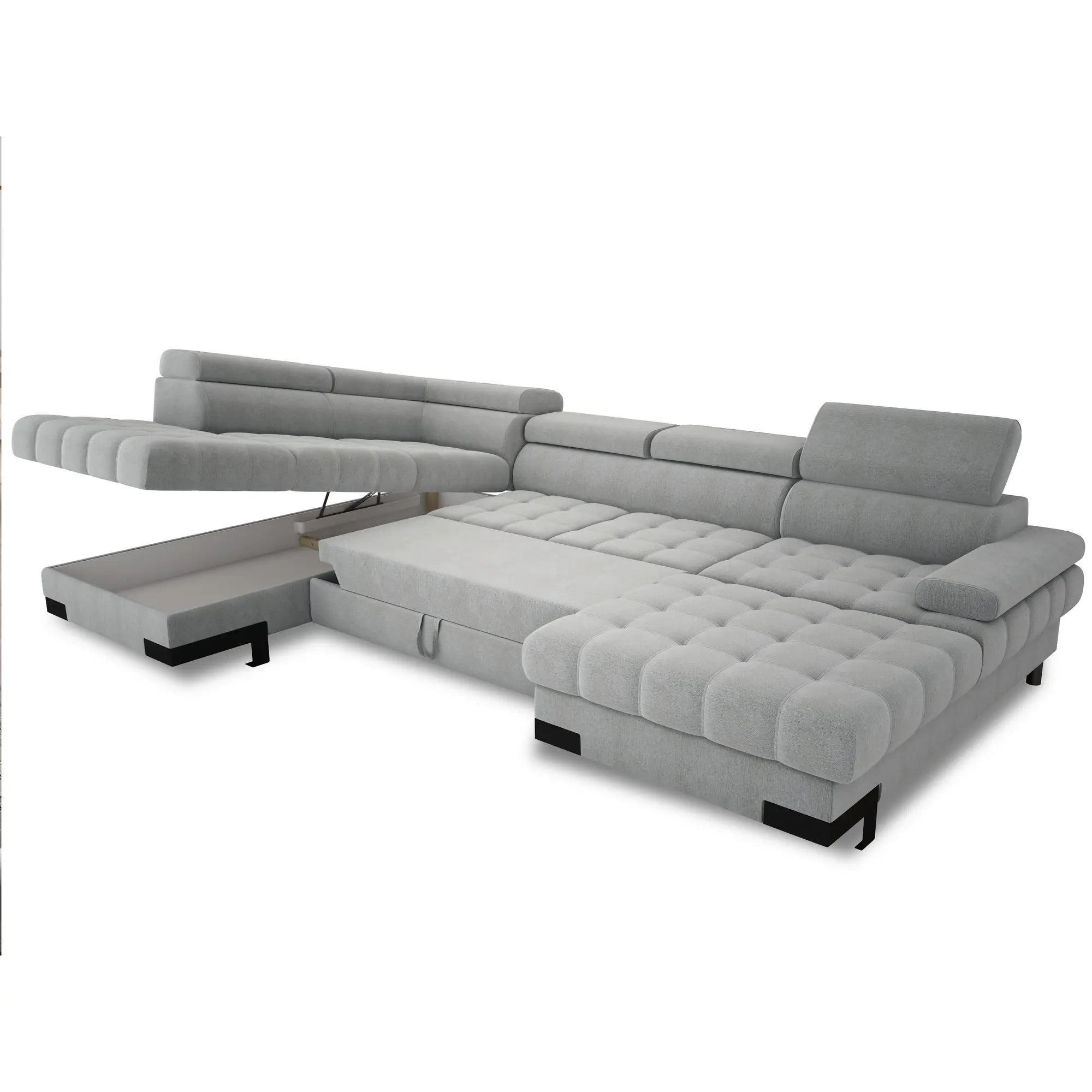 Coltar extensibil SELVA XL, personalizabil materiale gama Oferta Avantaj, cu lada depozitare si tetiere reglabile, 339x223x95 cm