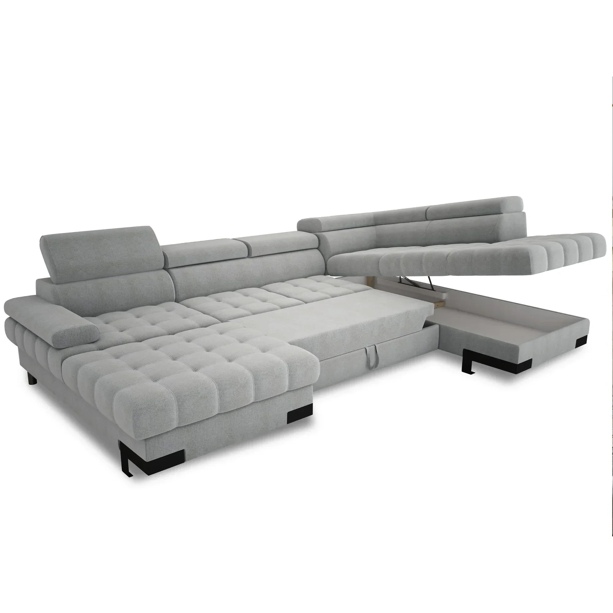 Coltar extensibil cu lada SELVA XL, sezlong dreapta, stofa catifelata verde inchis - Element 12, Gama Premium, cu tetiere reglabile, 339x223x95 cm